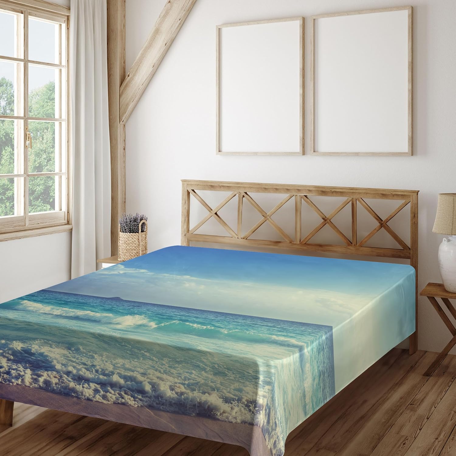 Ambesonne Ocean Flat Sheet, Tropical Island Paradise Beach at Sunset Time Waves and The Misty Sea Image, Soft Comfortable Top Sheet Decorative Bedding 1 Piece, King Size, Turquoise Cream