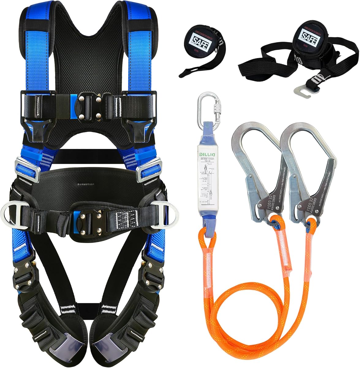 Kit de protección contra caídas con arnés de seguridad con cordón amortiguador | Correas de seguridad Mejoran hebillas rápidas, Arnés para techos Arnés de construcción Para Construcción Cumple con ANSI Azul