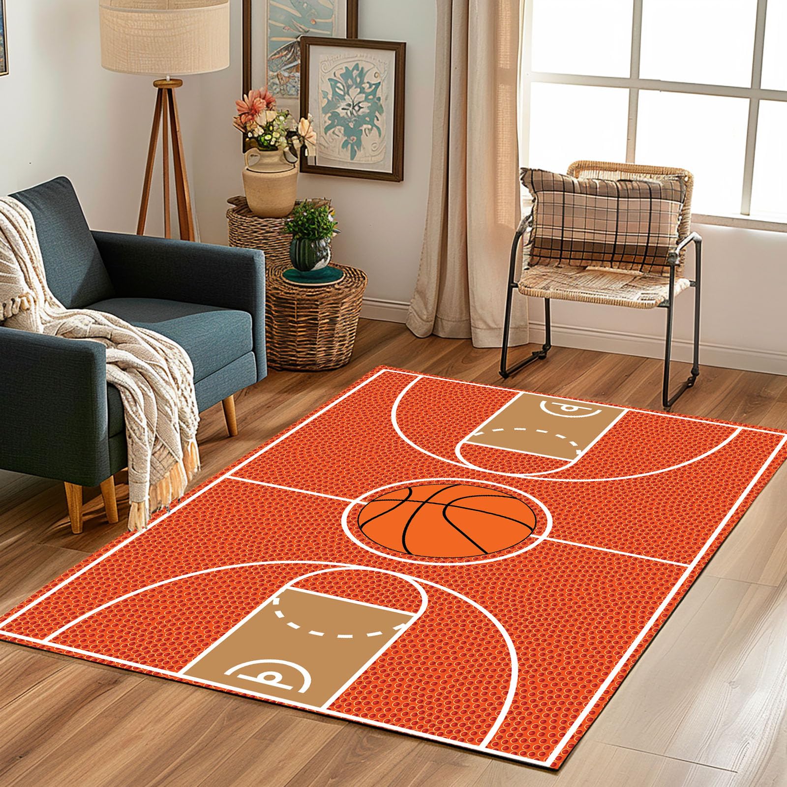 Basketball Tapis de Salon Lavable en Machine Antiderapant Sport Thème Tapis Chambre Adulte Descente de Lit 120x170cm Moquette Interieur Doux et Moelleux Salle à Manger
