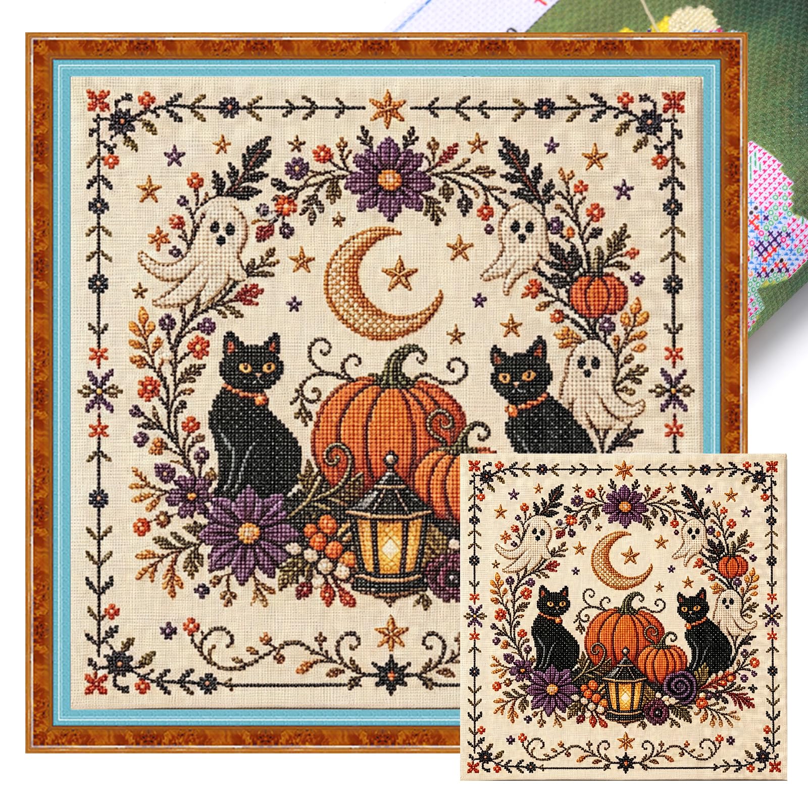 Black Cat Pumpkin 18Ct 2 Strands Diy Cross Stitch Kit 30X30cm