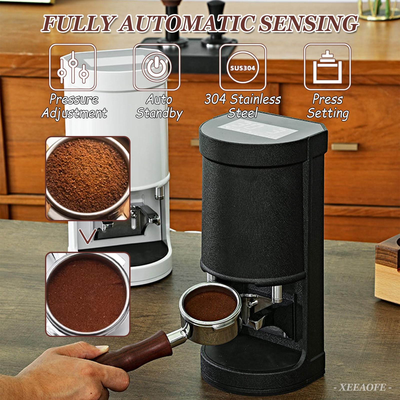 Ubijak do Kawy 58mm, Automatyczna Elektryczna Prasa na Proszek Ziarnisty do Expresso, Ciśnienie 5-30KG, 1 do 3 Regulowanych Czasów Ubijania Black