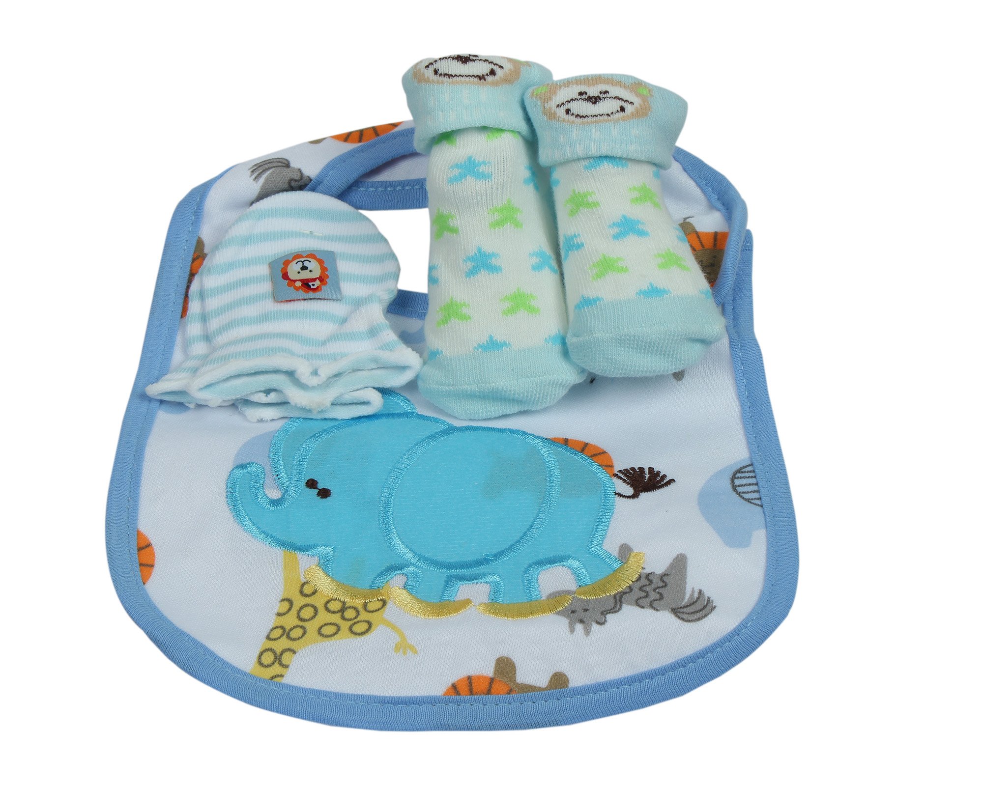 Babies Bloom Blue Elephant Design 3 Pcs Baby Bib, Anti Scratch Mittens and Socks Gift Set (0-6 Months)-image-38