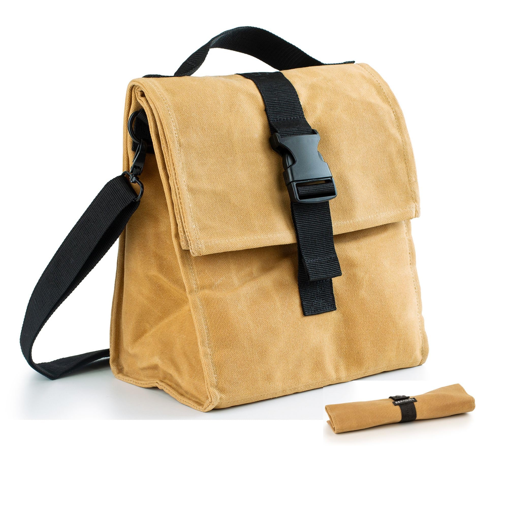 Bolsa Isotérmica Porta Alimentos Premium para Trabajo y Oficina (Tan) | Alternativa elegante-Estilo profesional-Lona encerada premium-Roll Top-Incluye funda cubiertos