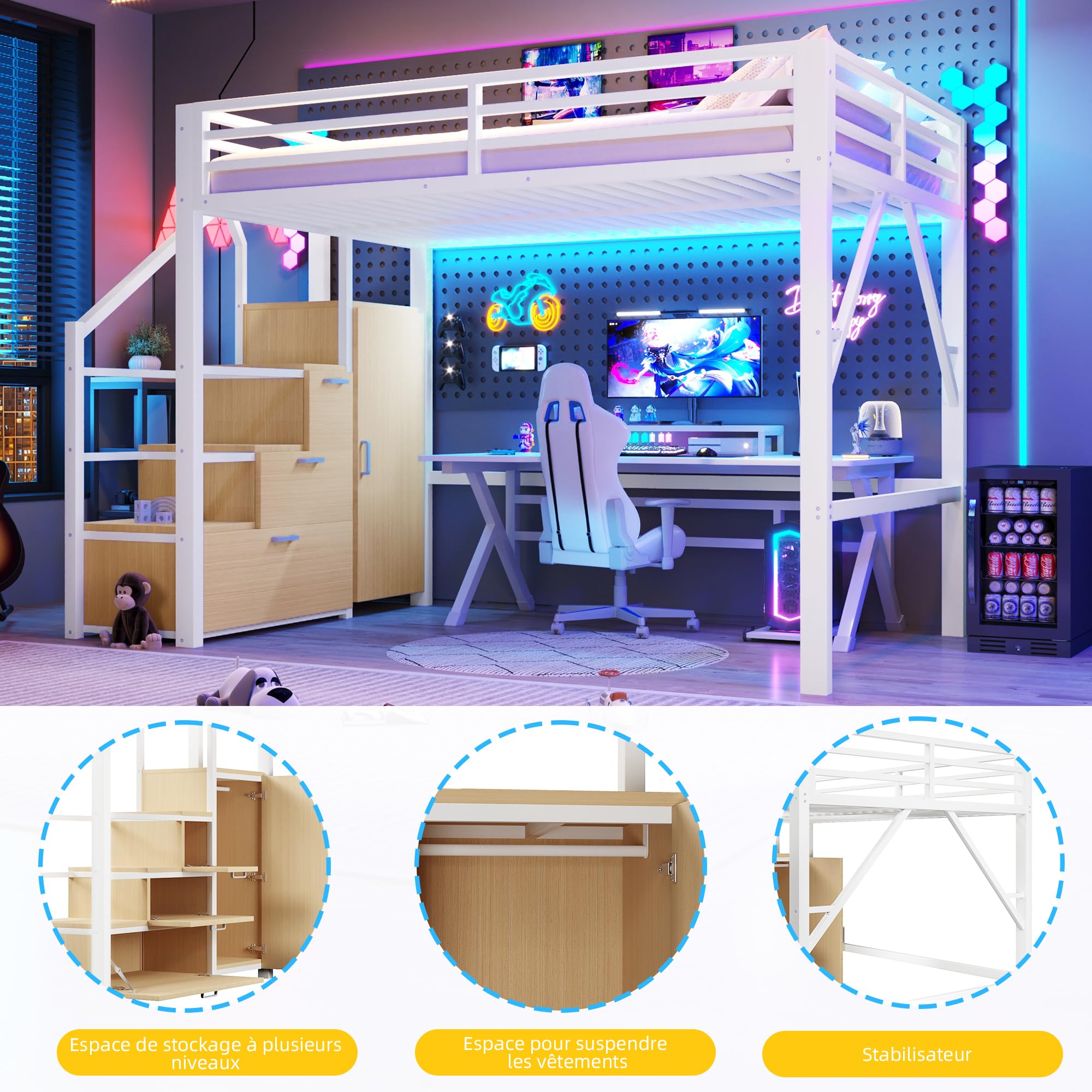 Zepneiy - Cama entrepiso con iluminación LED, 140 x 200 cm, cama entrepiso de metal, con compartimentos de almacenamiento y armario, cama doble con marco de hierro, color blanco (colchón no incluido)