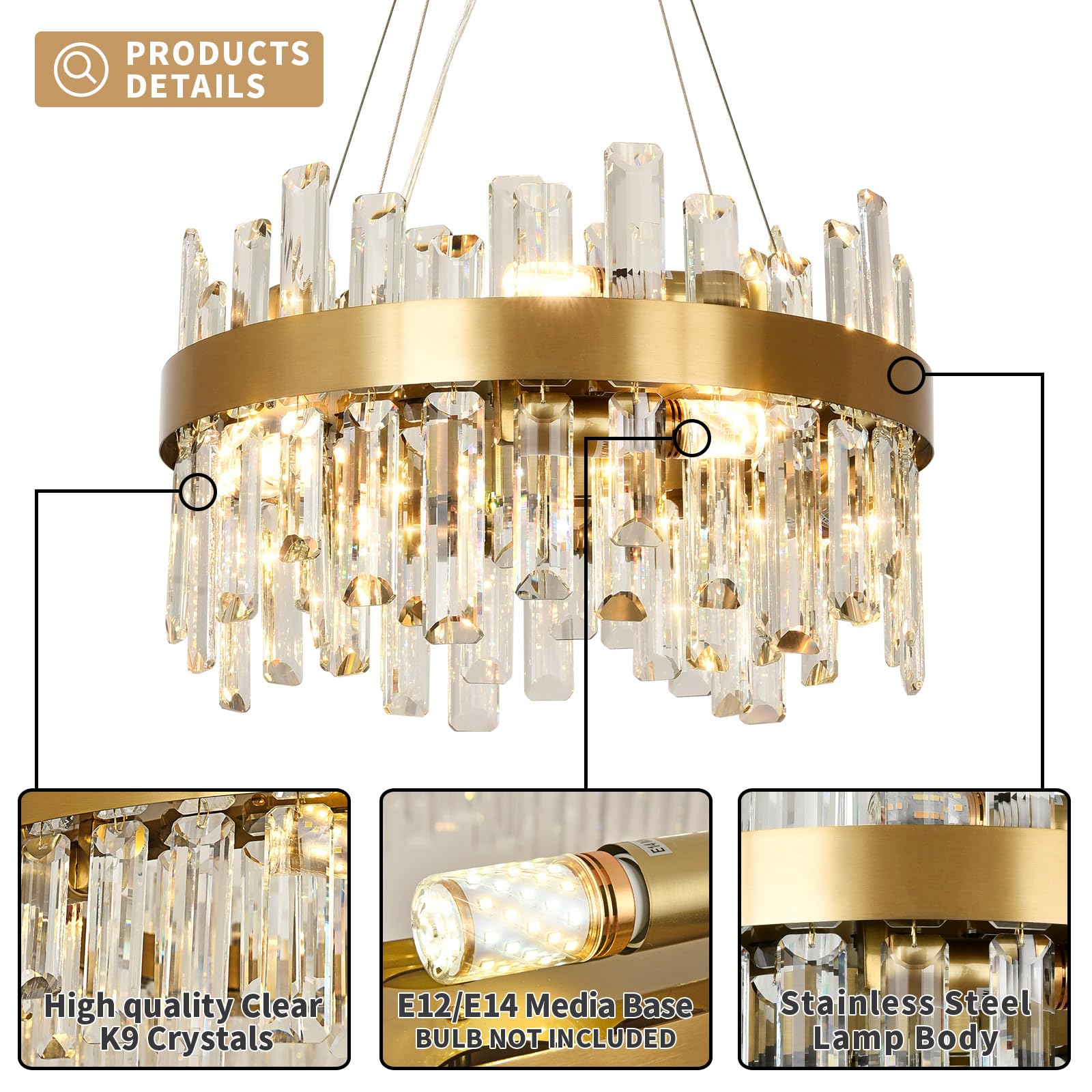 Moderner Kristall-Gold-Kronleuchter, runde Kristall-Pendelleuchte, 8 x E14 Pendelleuchte für Wohnzimmer, Esszimmer, Schlafzimmer, Φ40 cm
