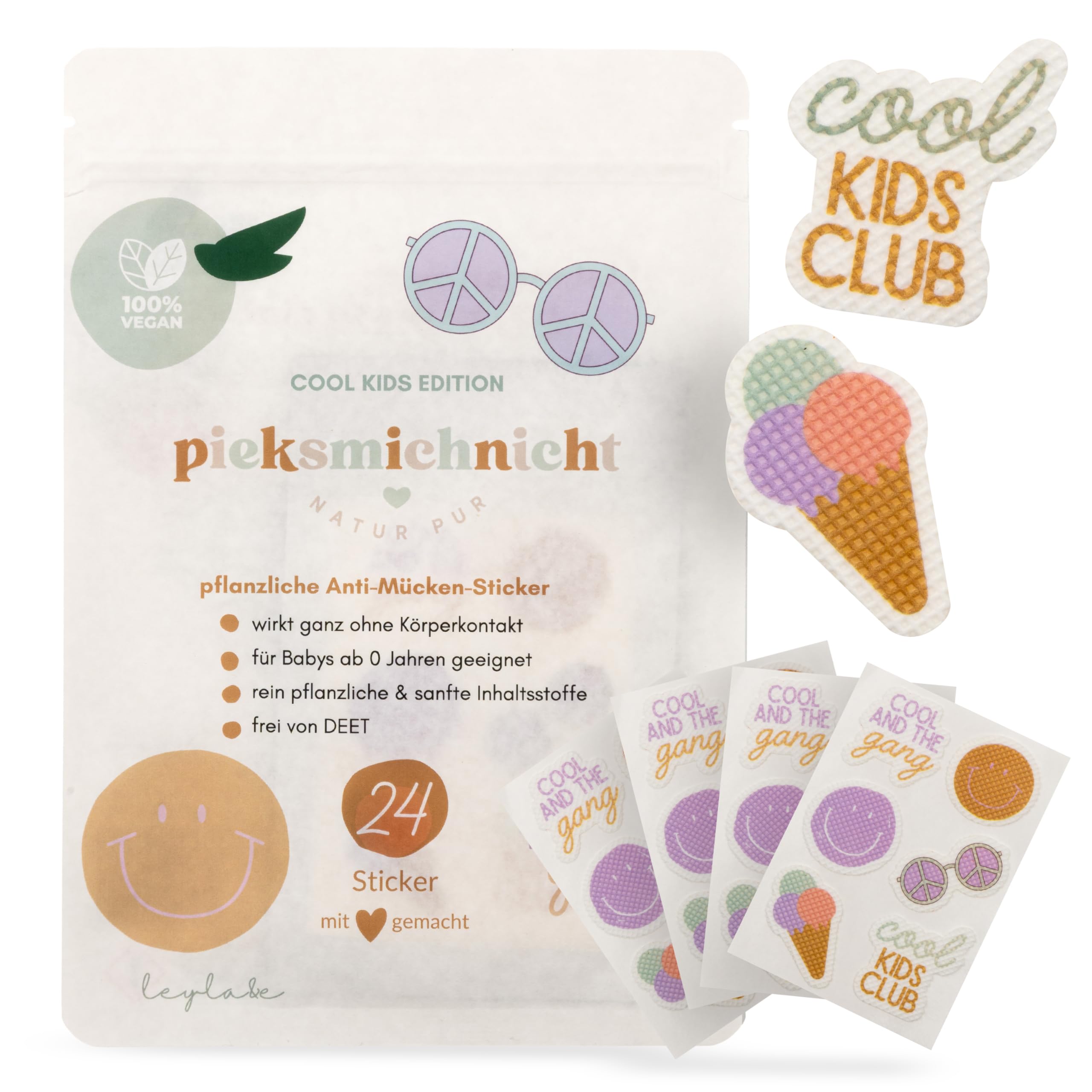 pieksmichnicht Pflanzliche Anti-Mücken-Aufkleber für Babys und Kinder Mückenschutz Insektenschutz Mückensticker Patches Pflaster DEET frei (Cool Kids Club)