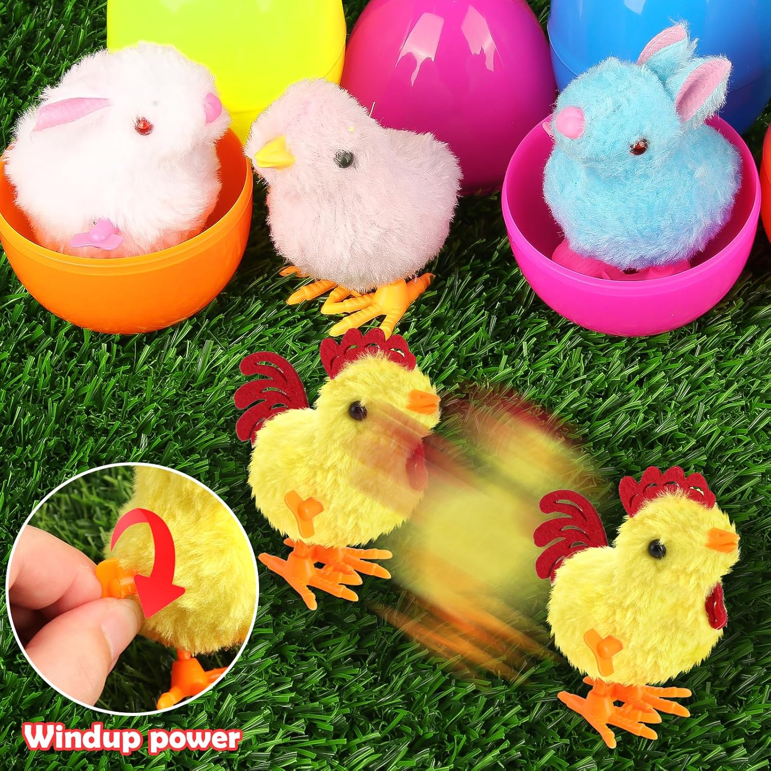 SURCVIO 8 Pack Jumbo Easter Eggs Fillers with Colorful Wind-Up Jumping Bunnies and Chicks Toys, Easter Basket Stuffers for Kids, Filled Easter Eggs, Easter Hunt Party Favors