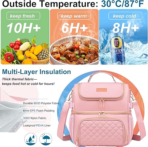 Miniatura 3 de Bolsas de almuerzo para mujer, bolsa de almuerzo con doble compartimento para el trabajo, lonchera a prueba de fugas, grande, aislada, para adultos,