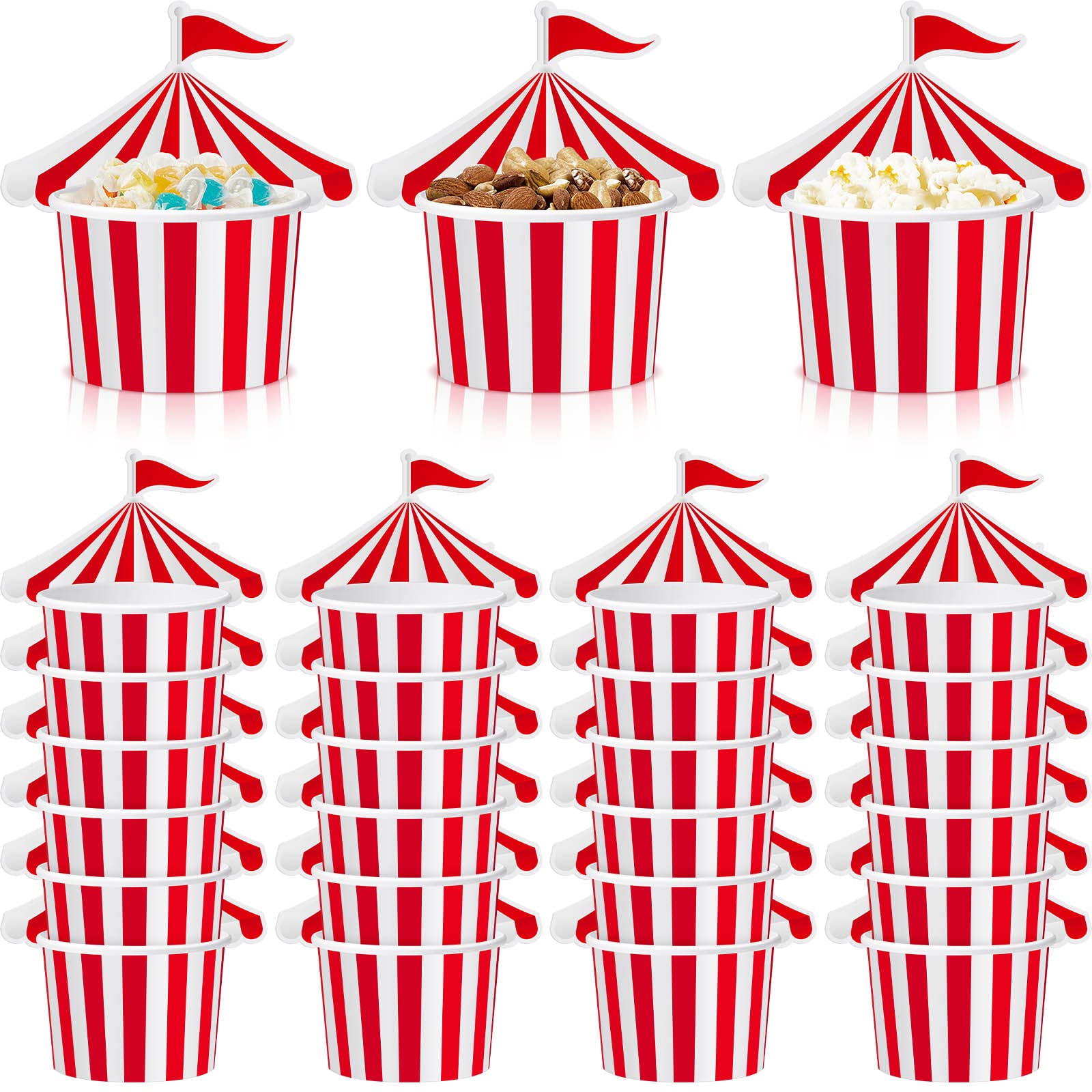 Carnival Party Circus Tent 8 oz Paper Snack Cups - Red White Striped Yogurt Dessert Bowls for Hot/Cold Food - 24 Pcs