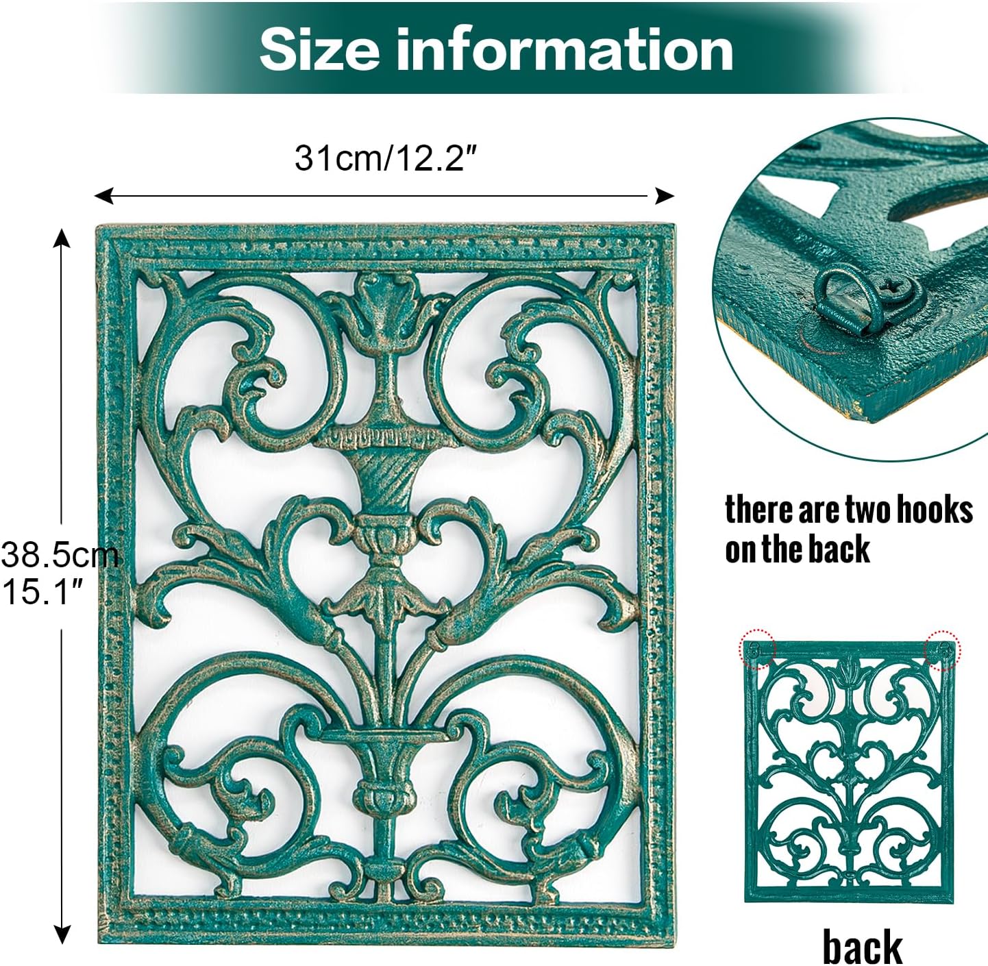 Sungmor Cast Iron Scroll Wall Decor, Flower Carved Artwork, 12x15 Inch Intricate and Pretty Plaque, Living Room, Bedroom Decorations, Antique Green with Gold Accent