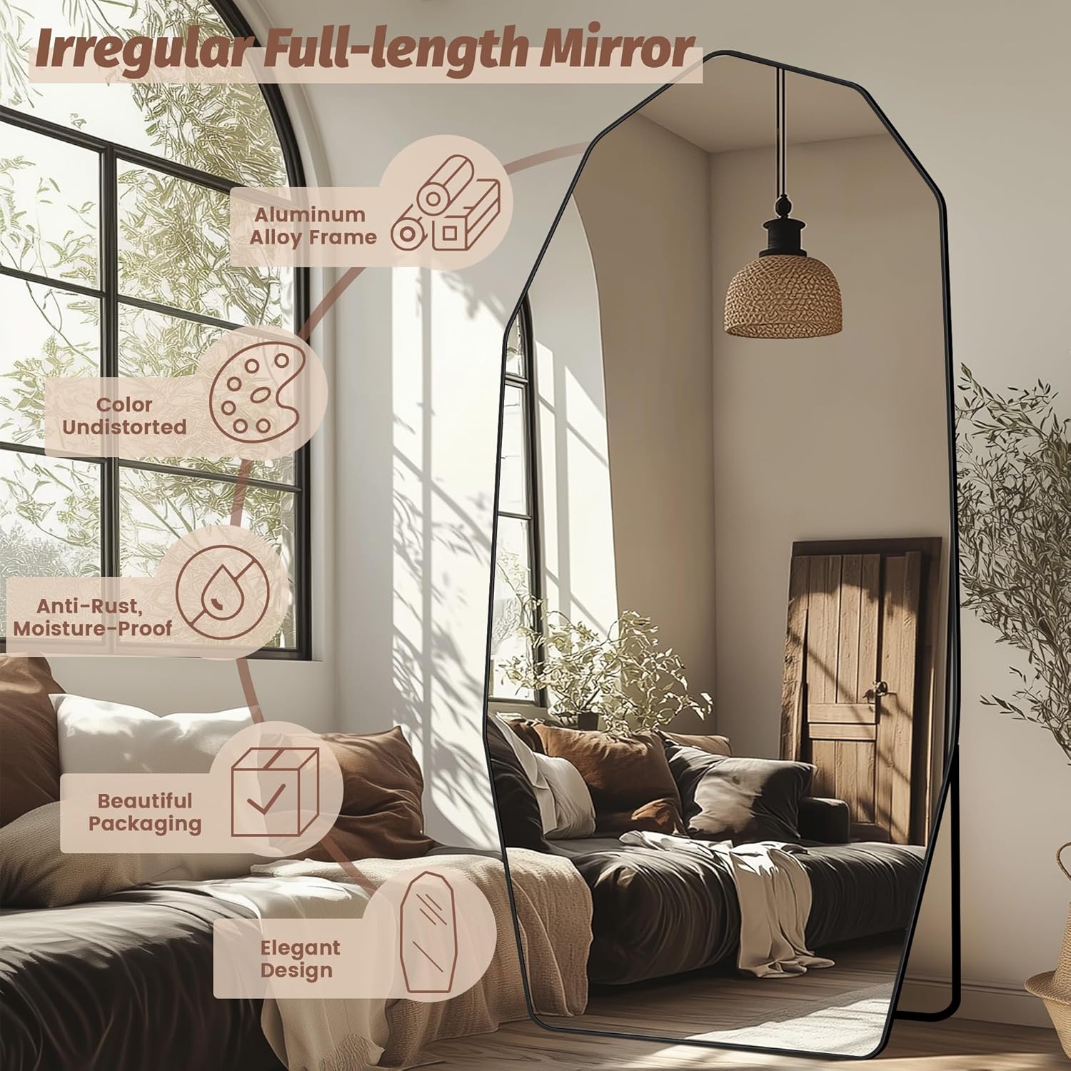 Full Length Mirror, 76" x 34" Full Body Large Standing Mirror, Diamond Shaped, Free Standing, Wall-Mounted or Leaning, Decorative Large Mirrors for Home Bathroom Living Room, Black