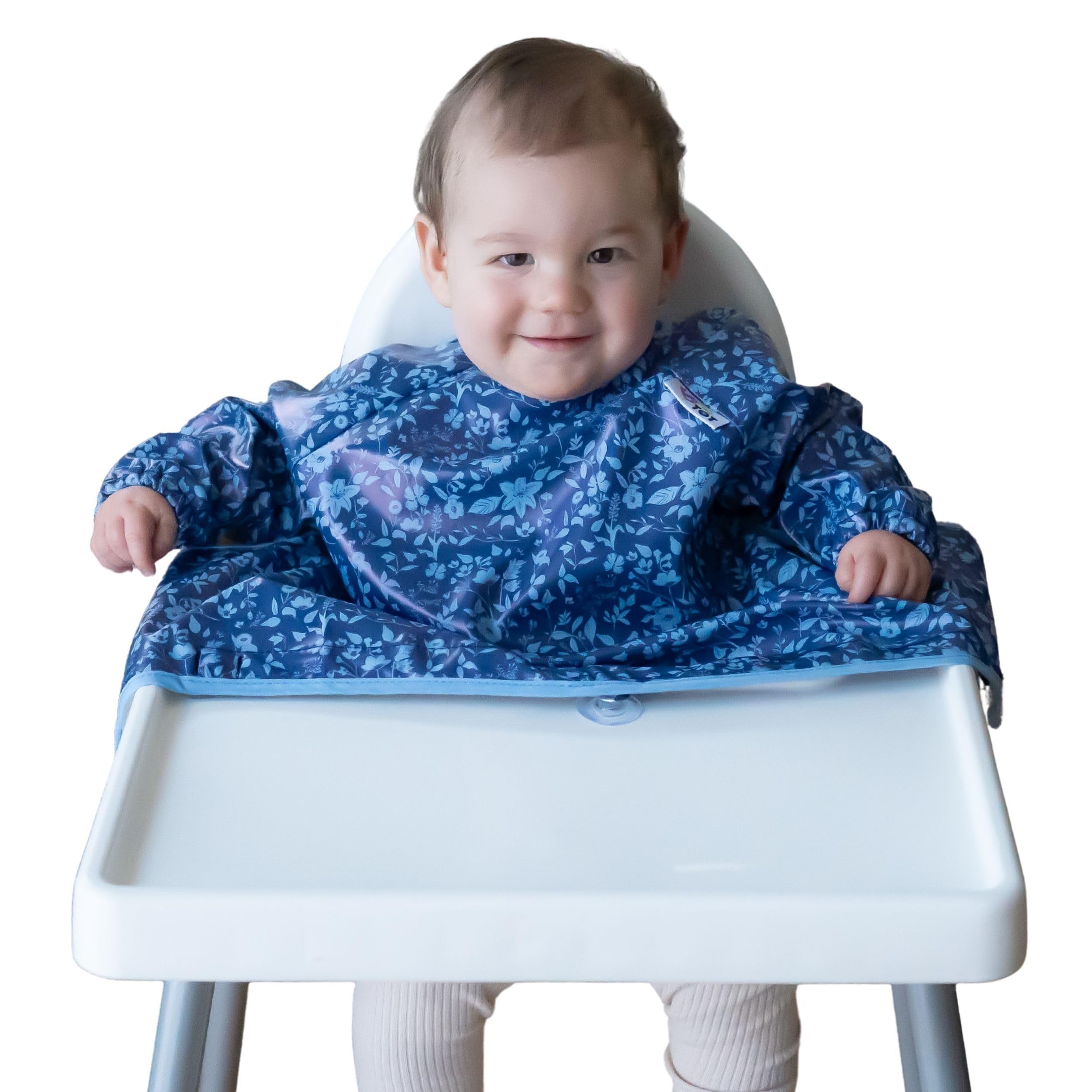 Tidy Tot®™ Cover & Catch™ Weaning Bib with Sleeves. Attaches to Highchairs with Suction for Mess Proof Baby Feeding. Waterproof Long Sleeved Bibs. Coverall BLW Bibs.