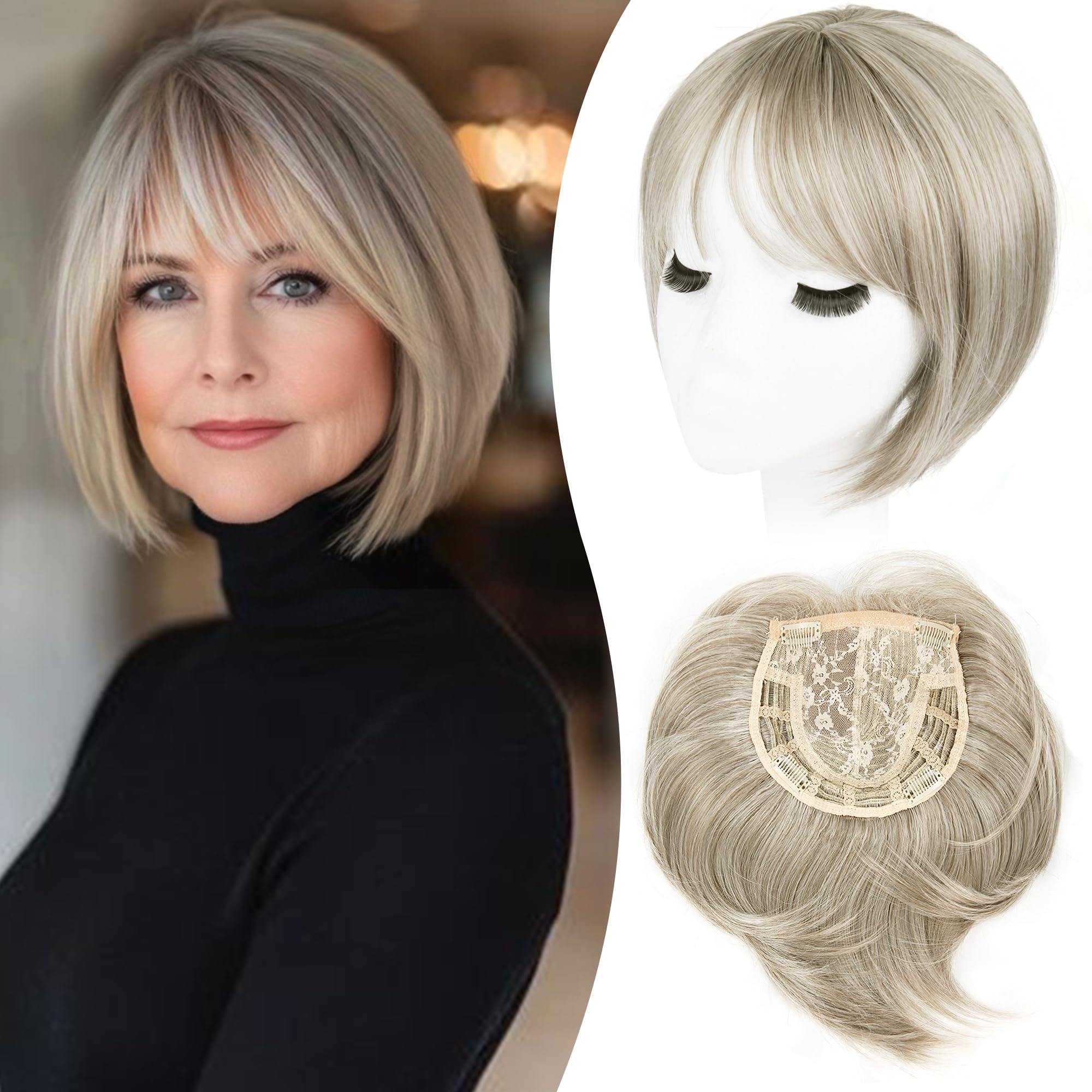 Synthetic Bob Hair Topper with Bangs for Thinning Hair Amazon.com : Civrie Hair Topper for Women 10 Inch Short Bob  main image 4