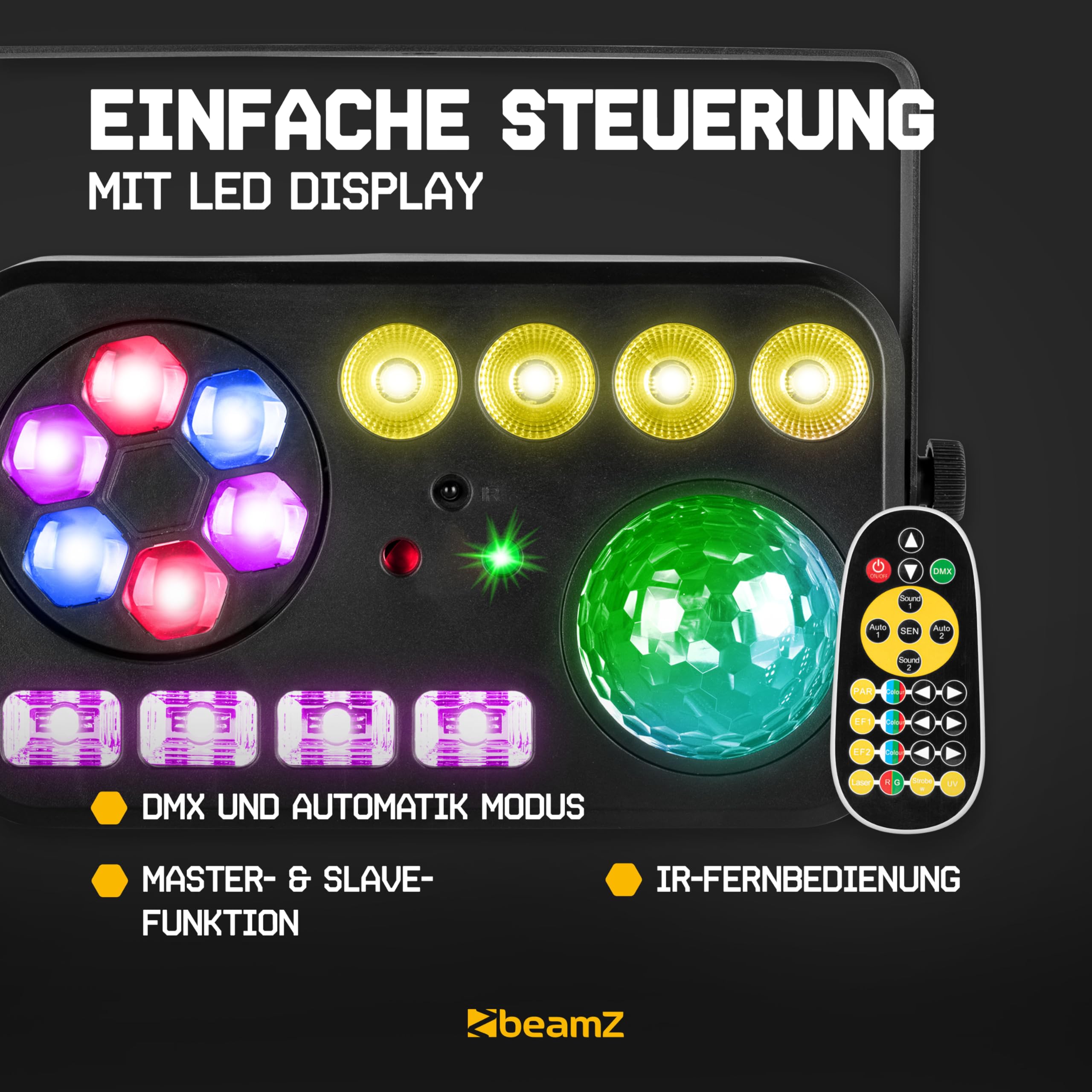 BeamZ Shimmer2 Discolicht Partylicht – 6-in-1 LED Effekt mit Jelly Ball, Bee-Eye, Welleneffekt, Stroboskop & UV – Musikgesteuert mit DMX & Fernbedienung, Bühnenbeleuchtung für Disco & Partys