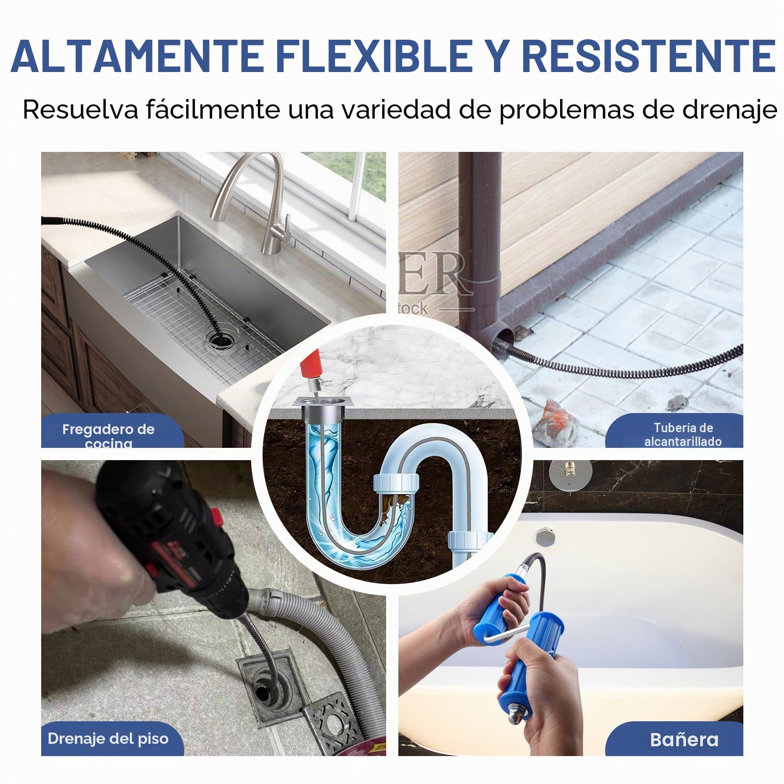 2 Piezas Desatascador Fregadero 5 Metros Diámetro 12 mm, Sirga Desatascar Tuberias Muelle Desatascador con 8 Piezas Limpiador de Drena,Desastacador Desagues Fregadero, Alambre Desatascador Tuberias