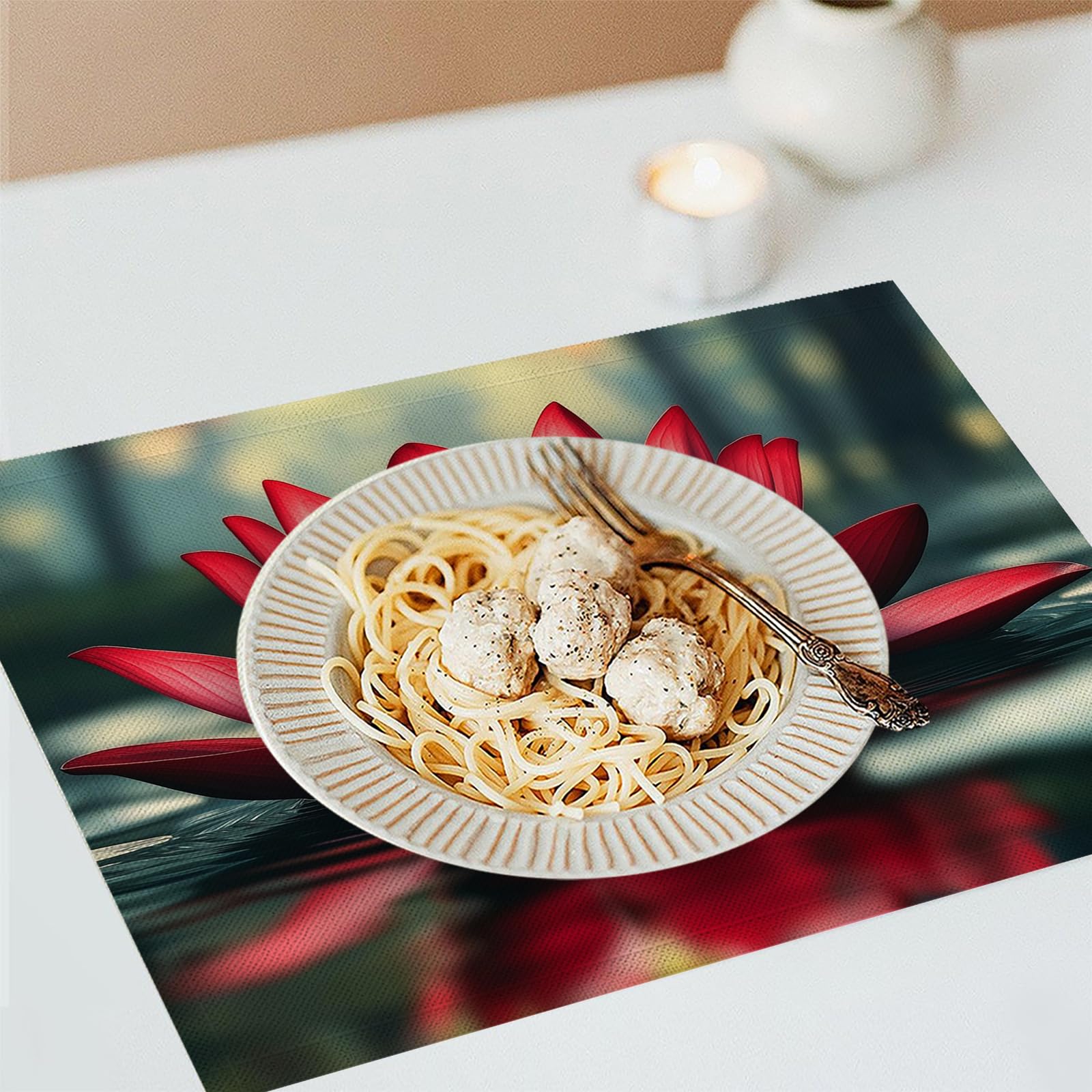 Set di 8 Tovagliette Americane Lavabili Cotone Lino Paesaggio - Tovaglietta Americana Resistenti al Calore Durevole Loto rosso - per Colazione Pranzo 30×45 cm