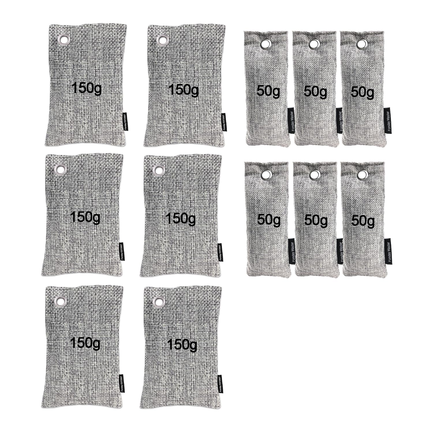 Paquete de 12 bolsas desodorizantes de carbón de bambú (50 g x 6 + 150 g x 6), eliminador de olores y purificador de aire para bolsa de gimnasio, zapatos, coche, armario de mascotas