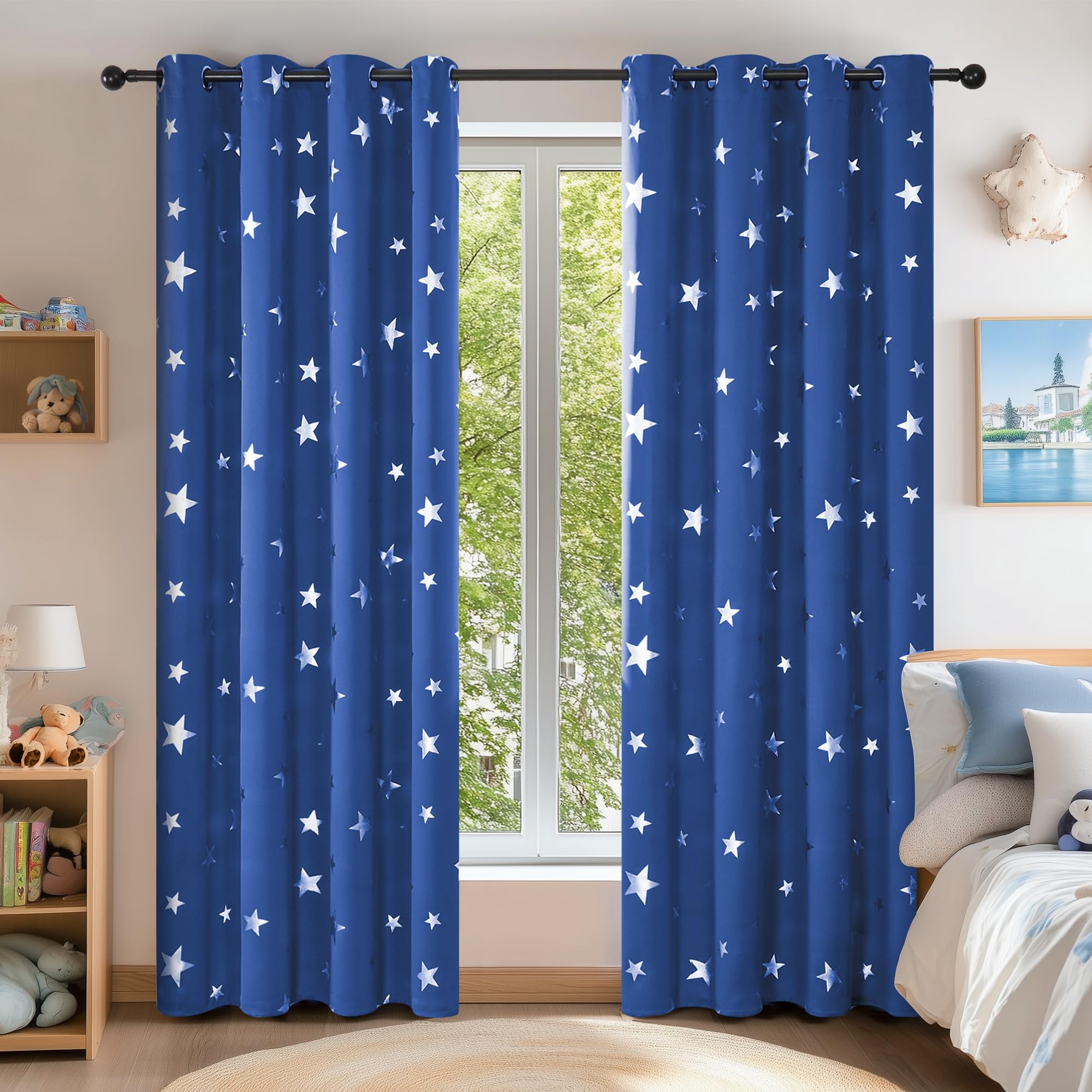 Deconovo Blue/Silver Bedroom Blackout Curtains Stars Foil Printed Thermal Insulated Curtains Eyelet Blackout Curtains For Kids Room 46 X 72 Inch 1 Pair