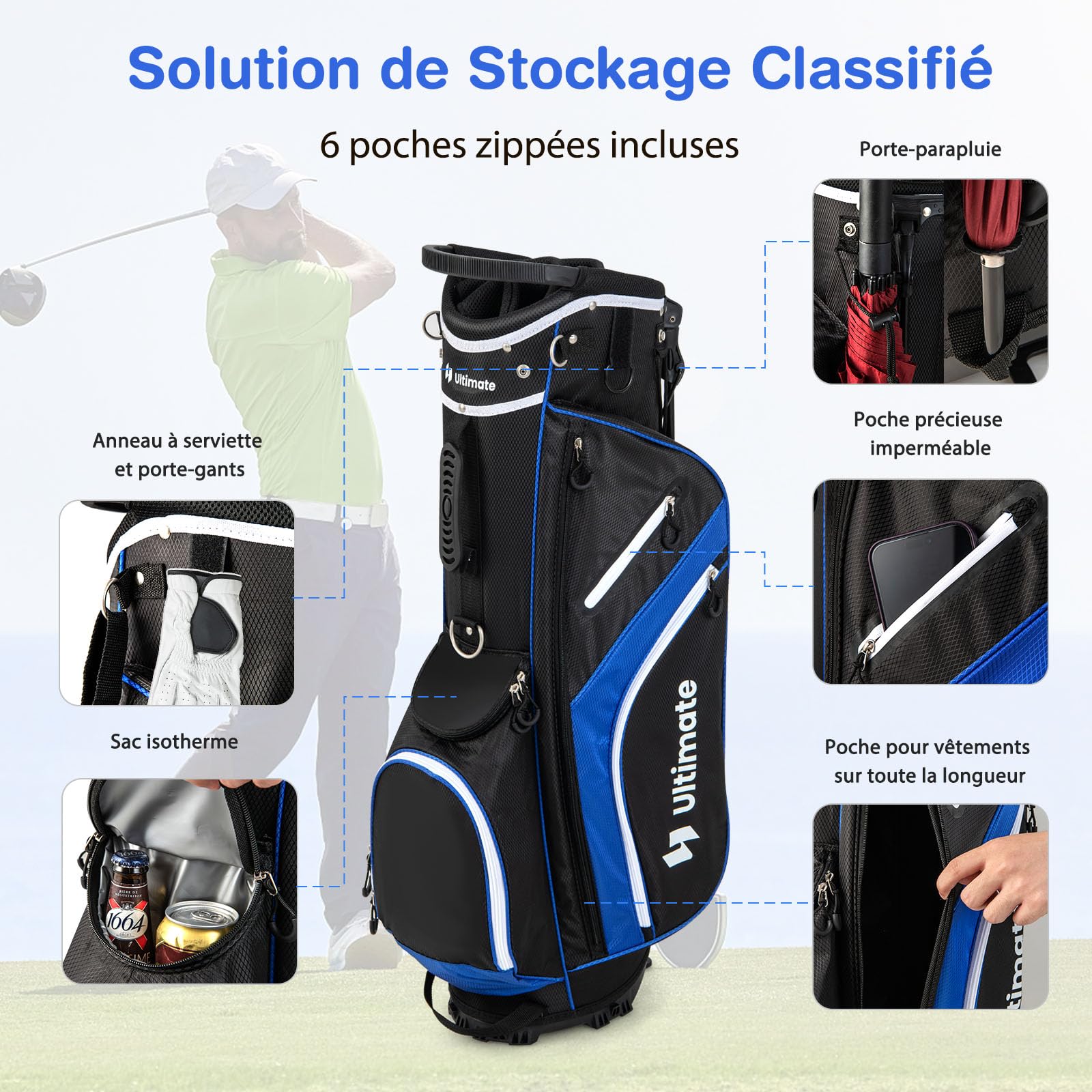 GOPLUS - Bolsa de golf con soporte de 14 compartimentos, bolsa de golf trípode con doble tirantes, 6 bolsillos con cremallera, bolsa isotérmica, bolsa de lluvia, bolsa de golf portátil para hombres y