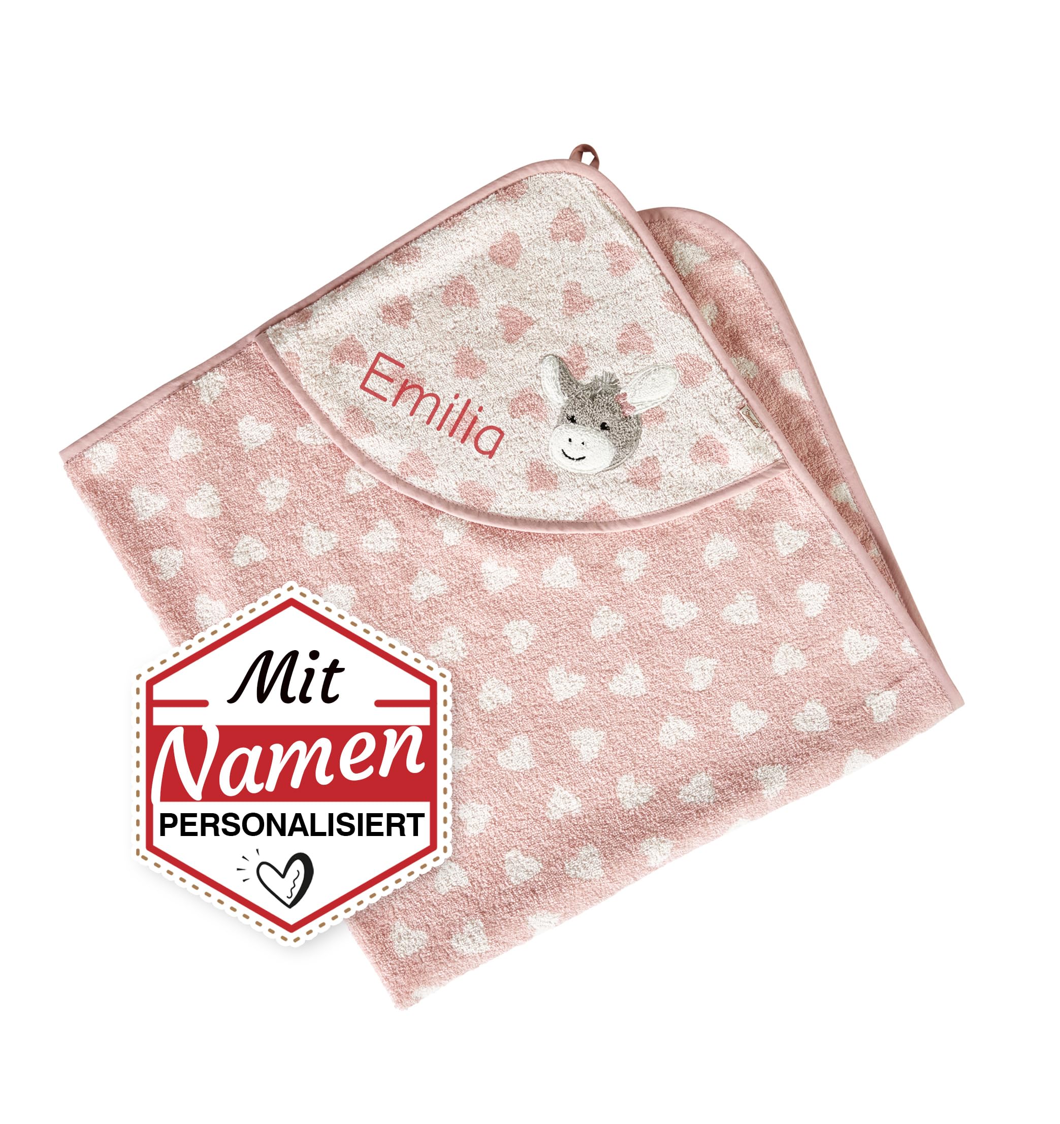 LALALO Kapuzenhandtuch Emmi Girl mit Namen Bestickt für Mädchen, Frottee Baby Badetuch Badehandtuch/Rosa Kinder-Badetuch mit Kapuze personalisiert (100x100, Rosa Herzen)
