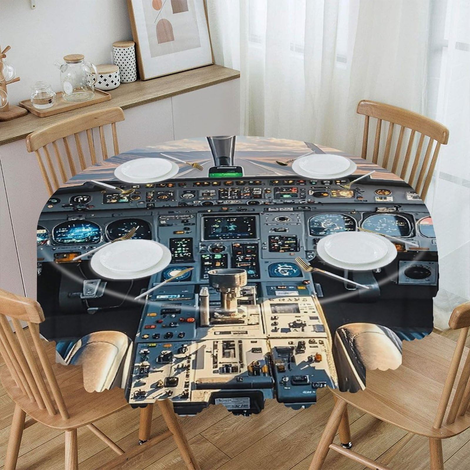 FekiLoot 60 Inch Round Airplane Cockpit Tablecloth Waterproof Heavy Duty Polyester Table Cloth Spill-Proof Wipeable Table Cover Decorative Circle Dining Tablecover for Party Outdoor