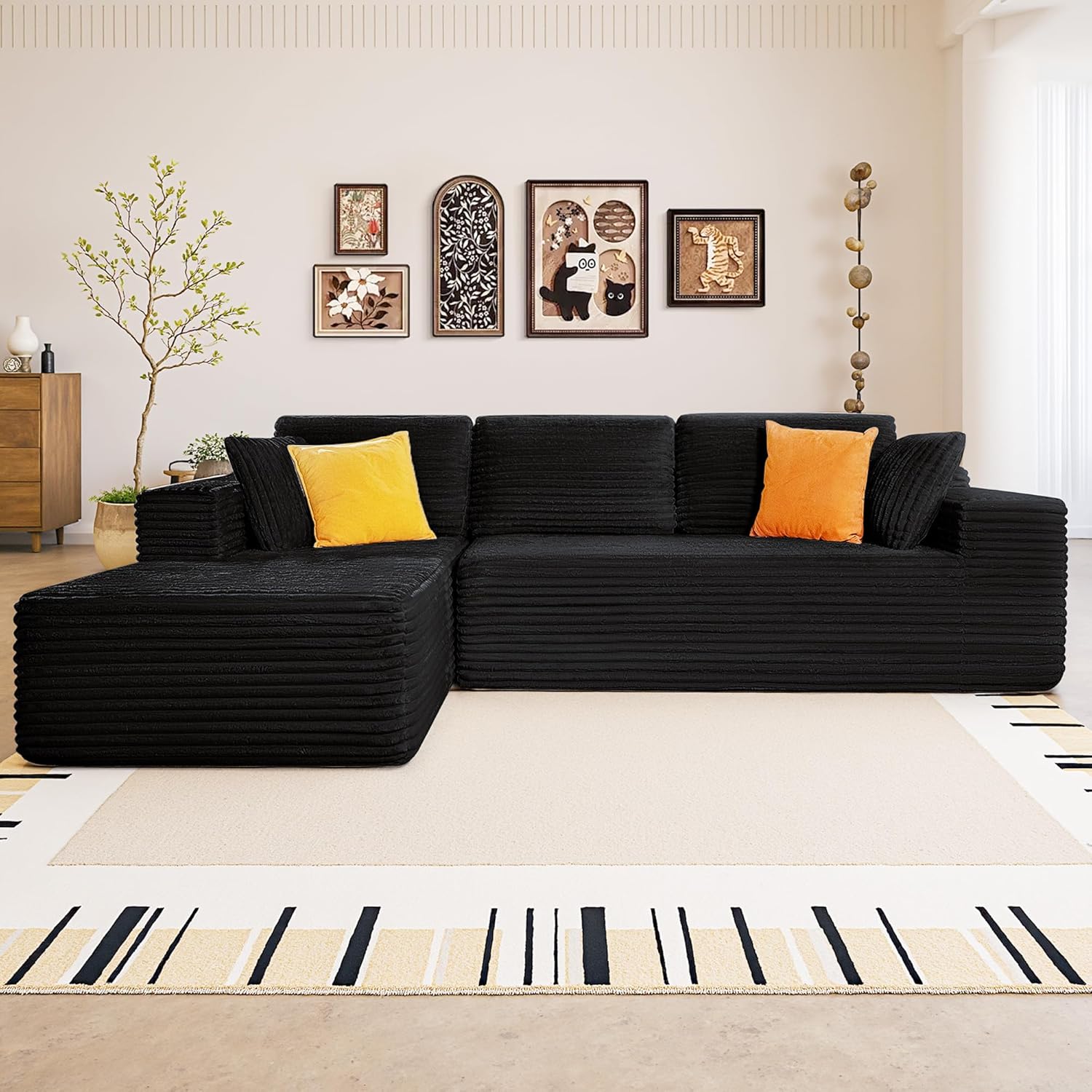 108″ Cloud Sectional Couch Sofa with L-Shape Chaise, Modern Modular Sofa Couch with Deep Seat, Upholstered Couches for Living Room Bedroom, No Assembly Required (Black)