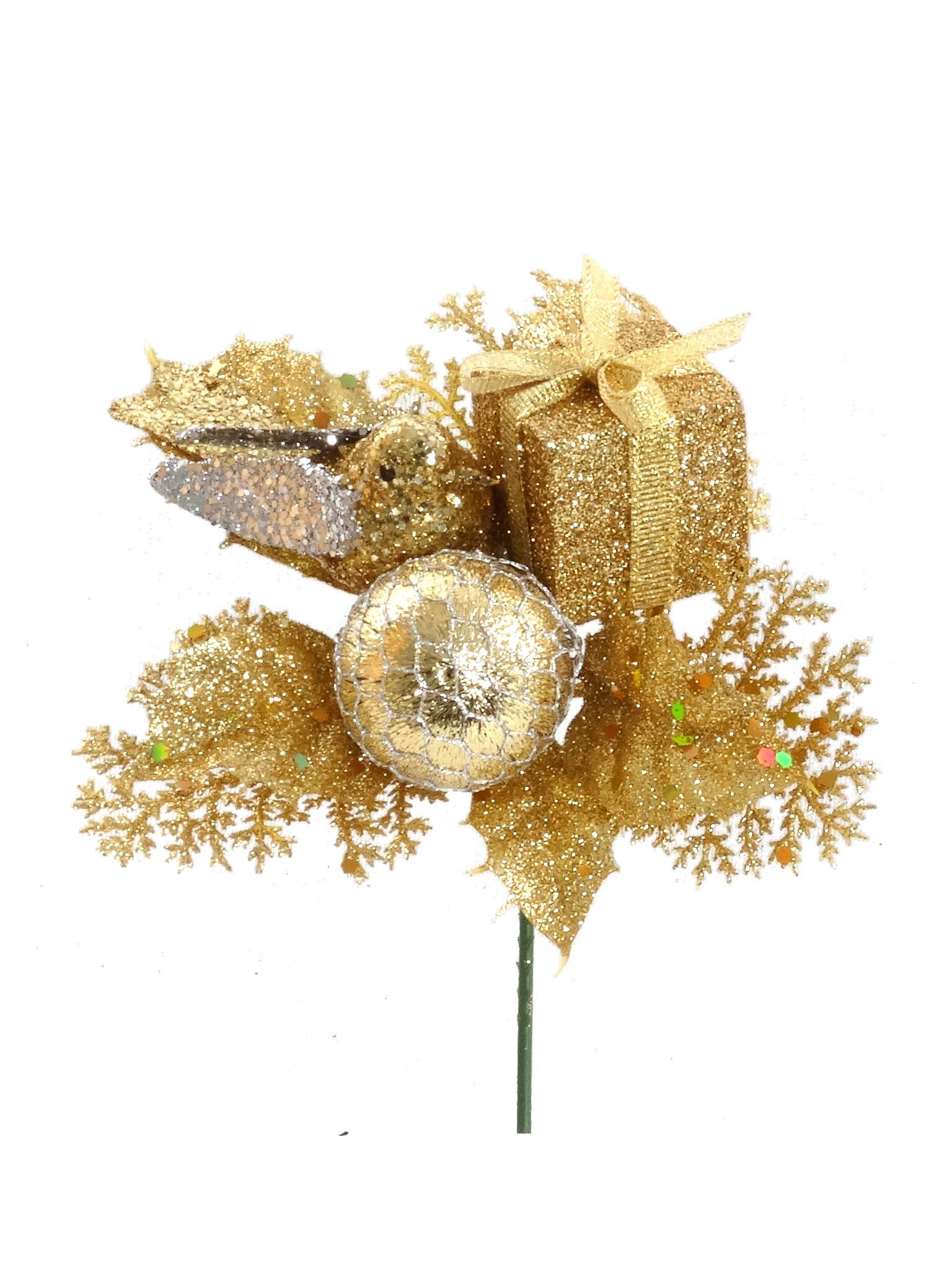 Larksilk 12 Pack Glitter Leaf and Gold Dove Pick with Christmas Ball | Includes Gold Decorative Gift Box