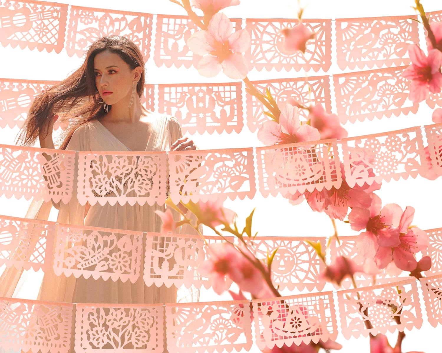 Peach Papel Picado Banner, Mexican Party Decorations, Pastel Peach Banners for Fiestas, Baby Shower, Bridal Shower, Weddings, Quinceaneras, Birthdays Paper Garlands 5pk|60ft|Paper