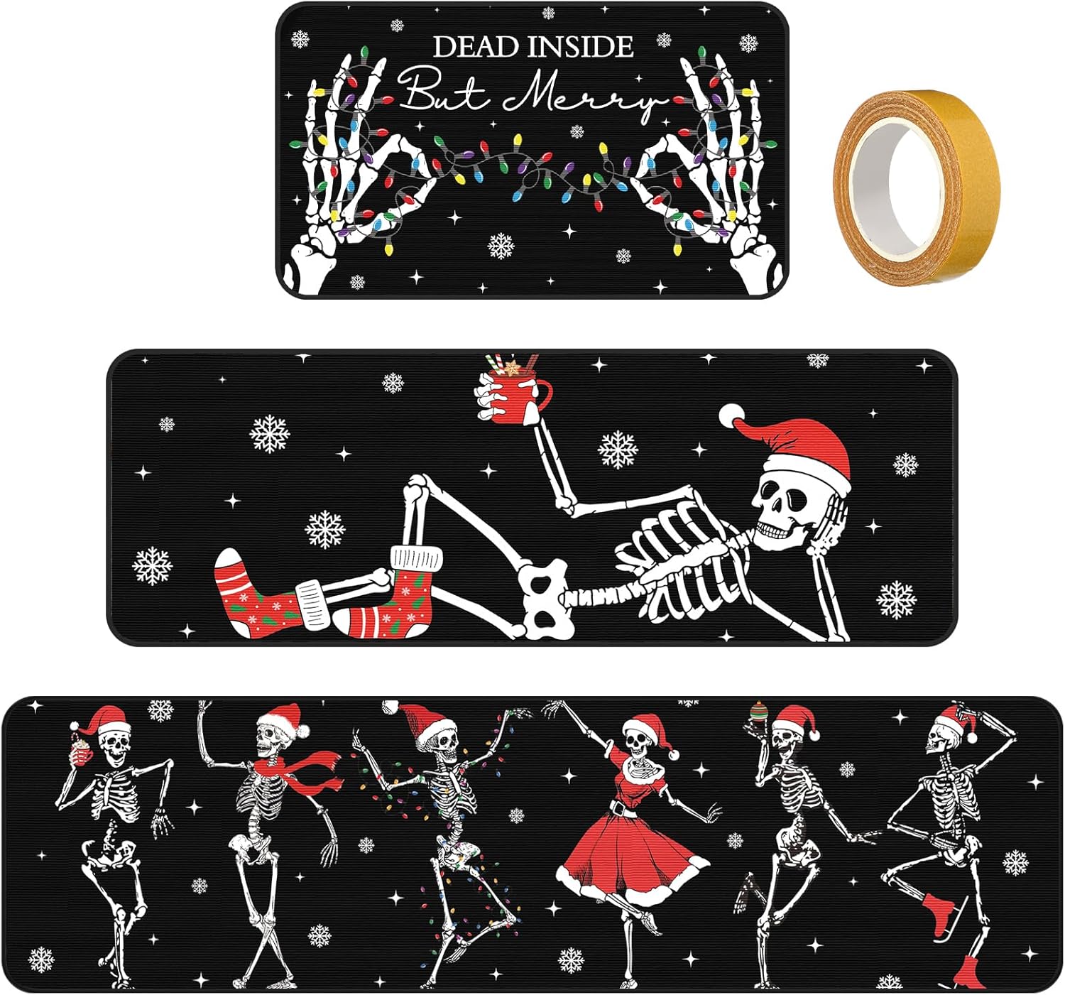 3 Pcs Christmas Kitchen Rugs Winter Black Vintage Christmas Skeleton Non Slip Mat for Kitchen Floor Bar Hallway Bathroom Door Party Decor, 20"x32" 20"x47", 20"x59"