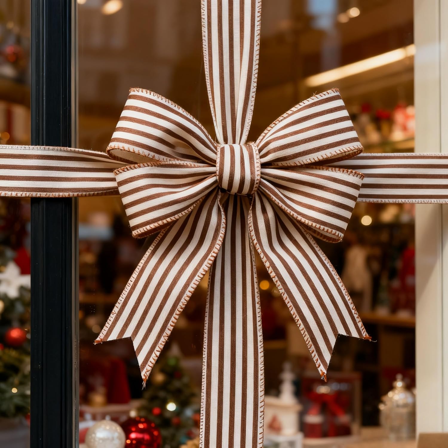 Meseey Brown and White Stripe Wired Ribbon, 2.5 Inch x 10 Yards Farmhouse Ticking Stripe Wired Edge Ribbon for Gift Wrapping, Wreaths, Crafts, Christmas, Fall & Home Decor