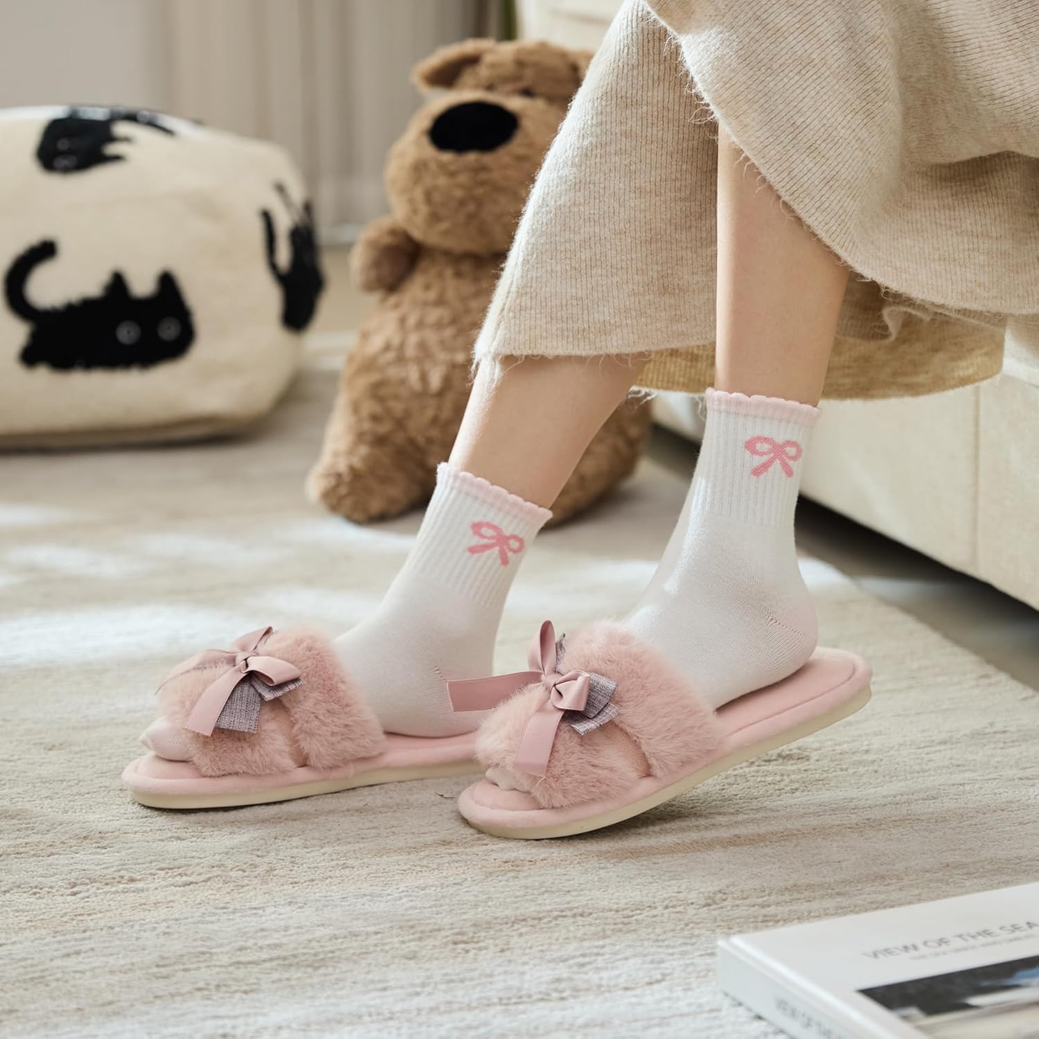 Cute Bow Slippers for Women with Memory Foam Open Toe Fuzzy House Slippers Indoor Outdoor Anti-Skid Soft Birthday Gifts for Women Mom - Image 2