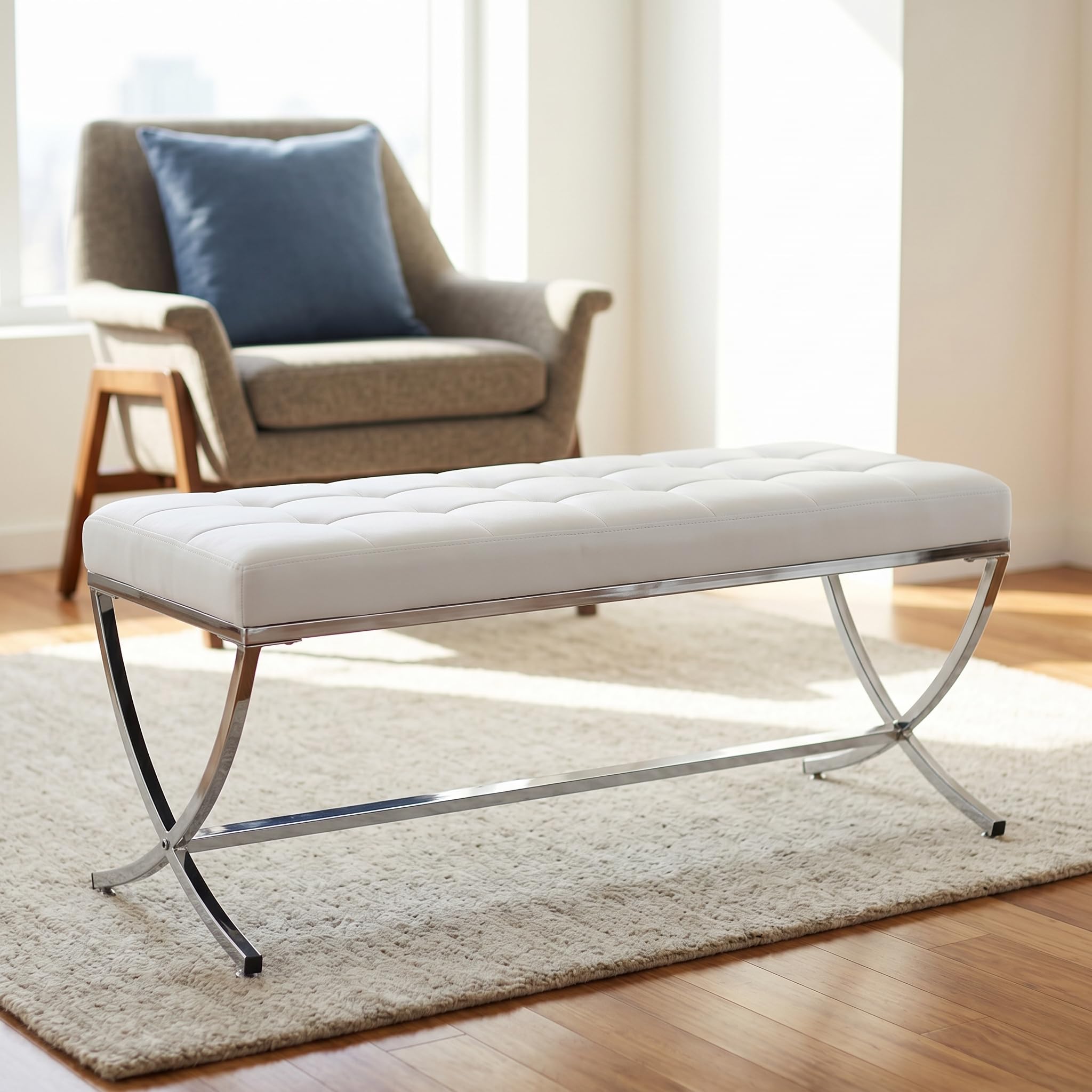 DUOMAY Modern Tufted Ottoman Bench, PU Leather Upholstered Dining Bench, Button Tufted Footrest Stool Vanity Seat with with X Metal Legs, 45.75" W x
