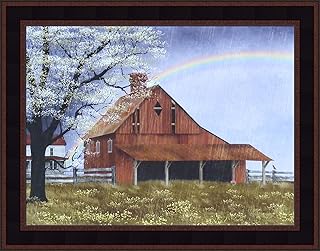 His Promise by Billy Jacobs 15x19 Red Barn Farm Rain Showers Rainbow Inspirational Framed Folk Art Wall Décor Picture