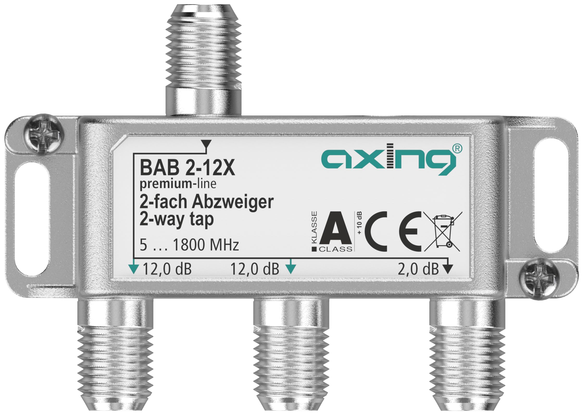 Axing BAB 2-12X 2-drożny rozgałęźnik 12 dB 5-1800 MHz TV Data Internet Telewizja kablowa