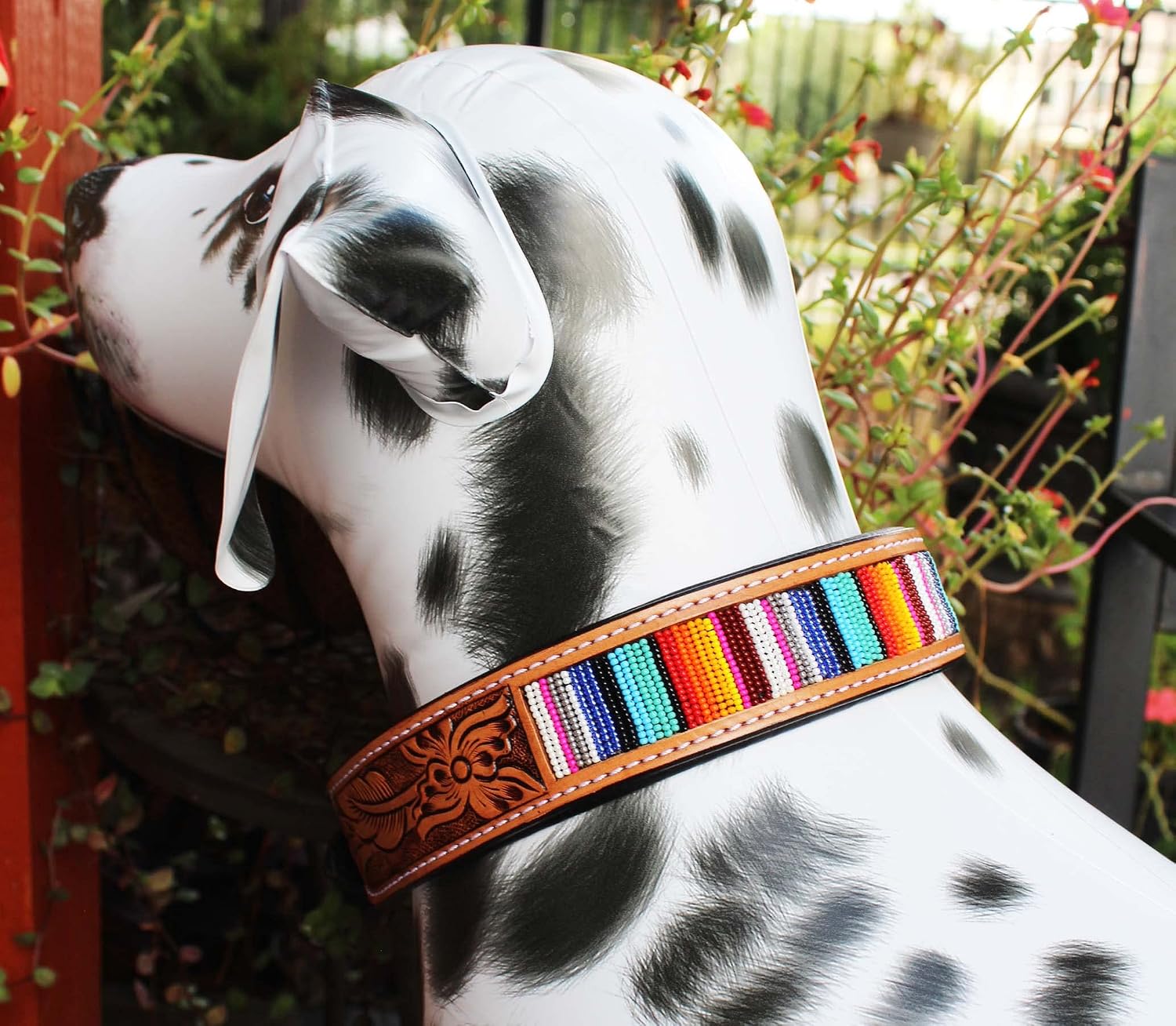 Medium 17''- 21'' Dog Puppy Serape Beaded Genuine Padded Leather Collar 60191