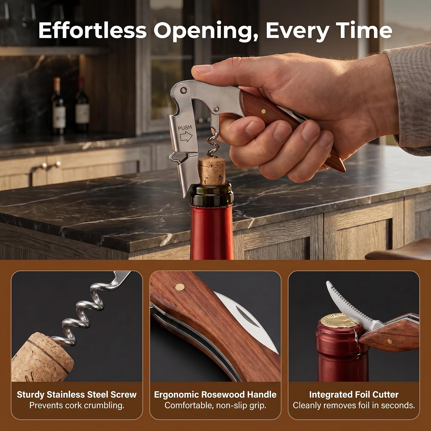 2 Pack Wooden Handle Waiter Corkscrew, Multifunctional Manual Wine Key, Double Hinged Wine Bottle Opener with Foil Cutter & Beer Opener, Portable Professional Bar Key for Home Kitchen Bar Restaurant