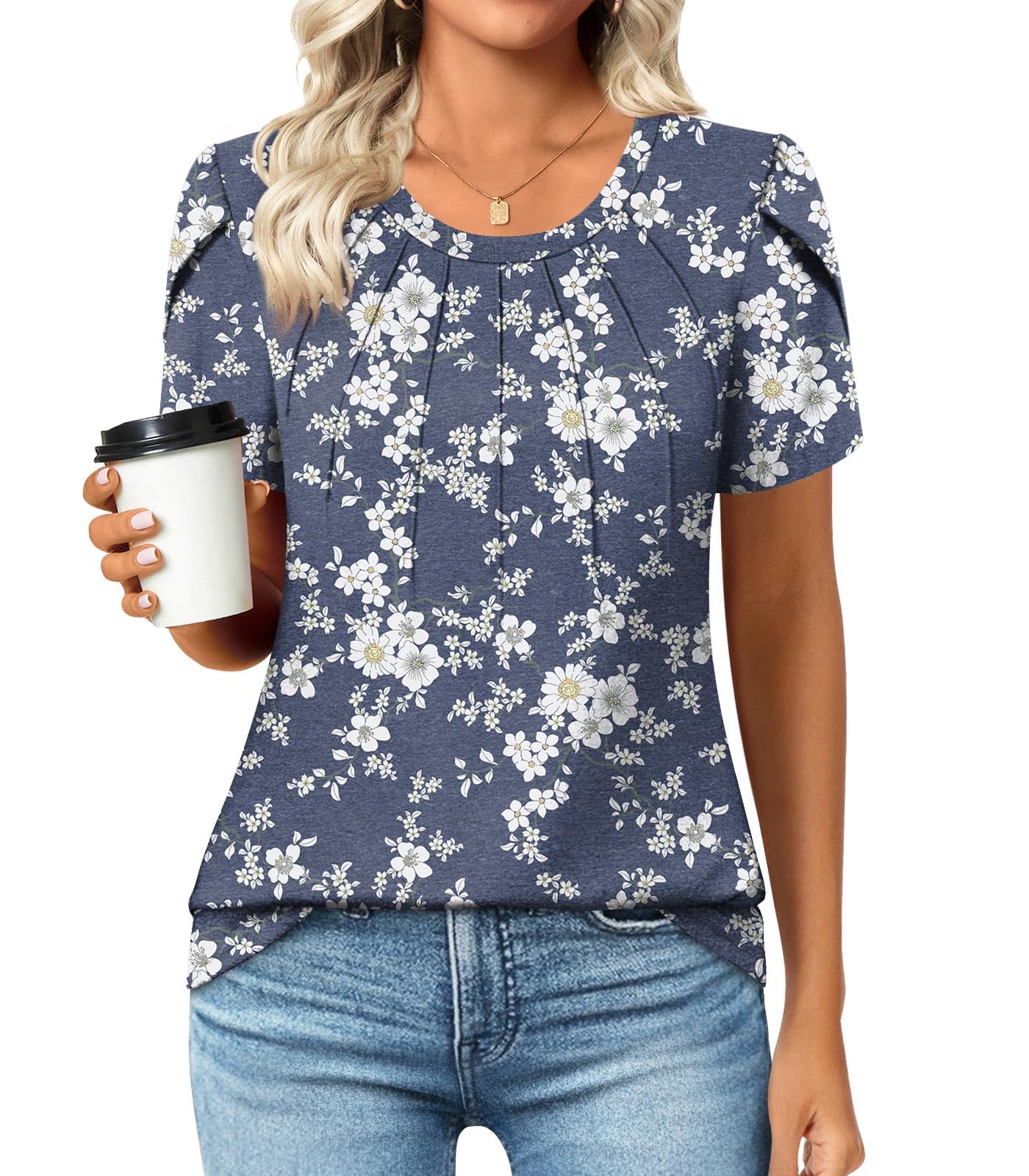 Anyhold Womens Tops Dressy Casual Summer Short Sleeve Blouse Dress Shirt