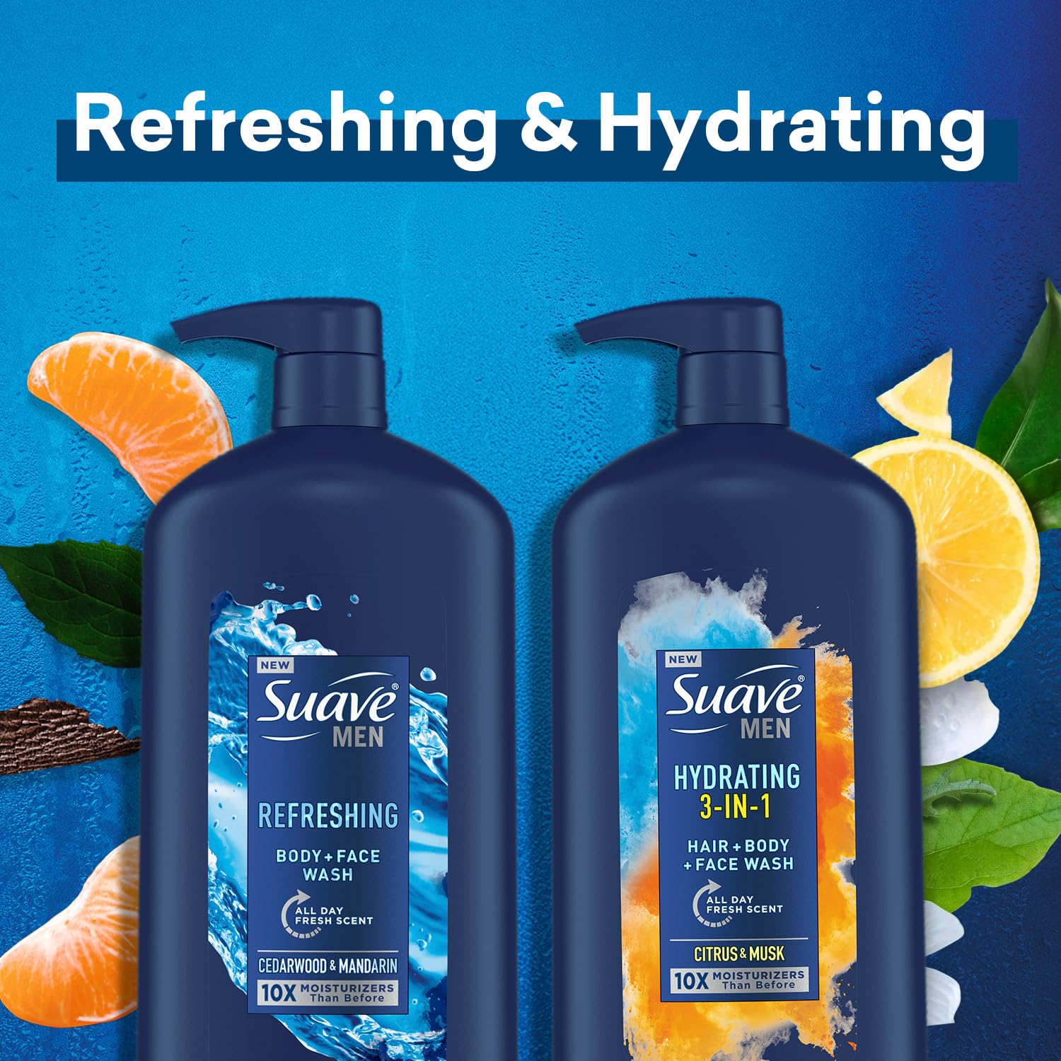 Suave+ Men Shower Essentials Variety 3-Pack – Hydrating 3-in-1 Hair + Body + Face Wash & Refreshing Body + Face Wash, 30 Oz Ea