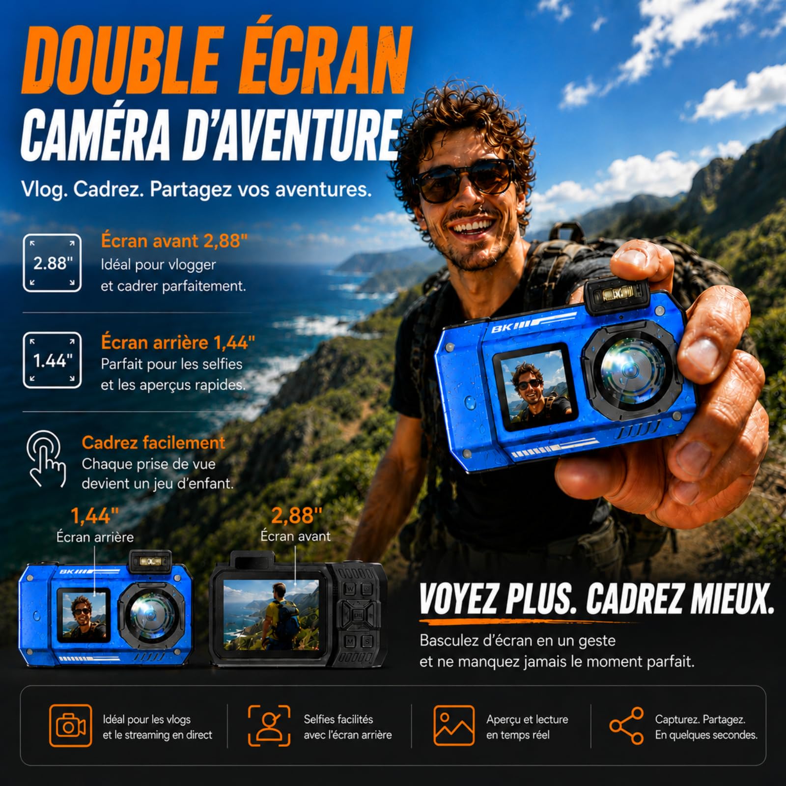 MaxMango D50 33FT Appareil Photo Numérique Etanche，8K 70MP Caméra sous-Marine avec 16 Go de Stockage, Double écran 18x, Résistante à la Poussière et Aux Chocs, Autofocus - Bleu