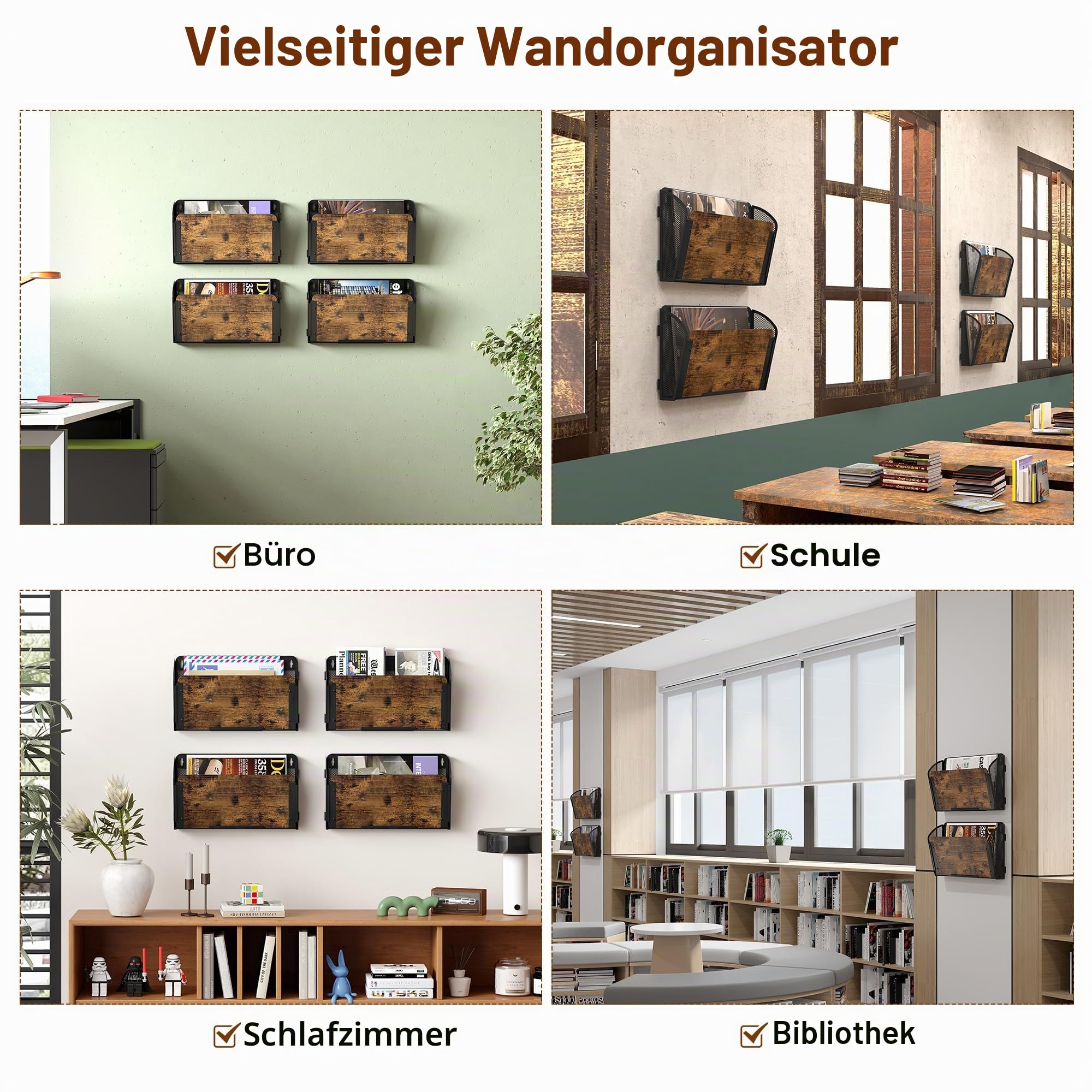 TQVAI 4 Taschen Zeitschriftenhalter Wand Metall Holz Dokumenten Organizer Papier A4 Flyerhalter Postsortierer Dokumentenablage für Büro Zuhause Schule, Schwarz/Antik