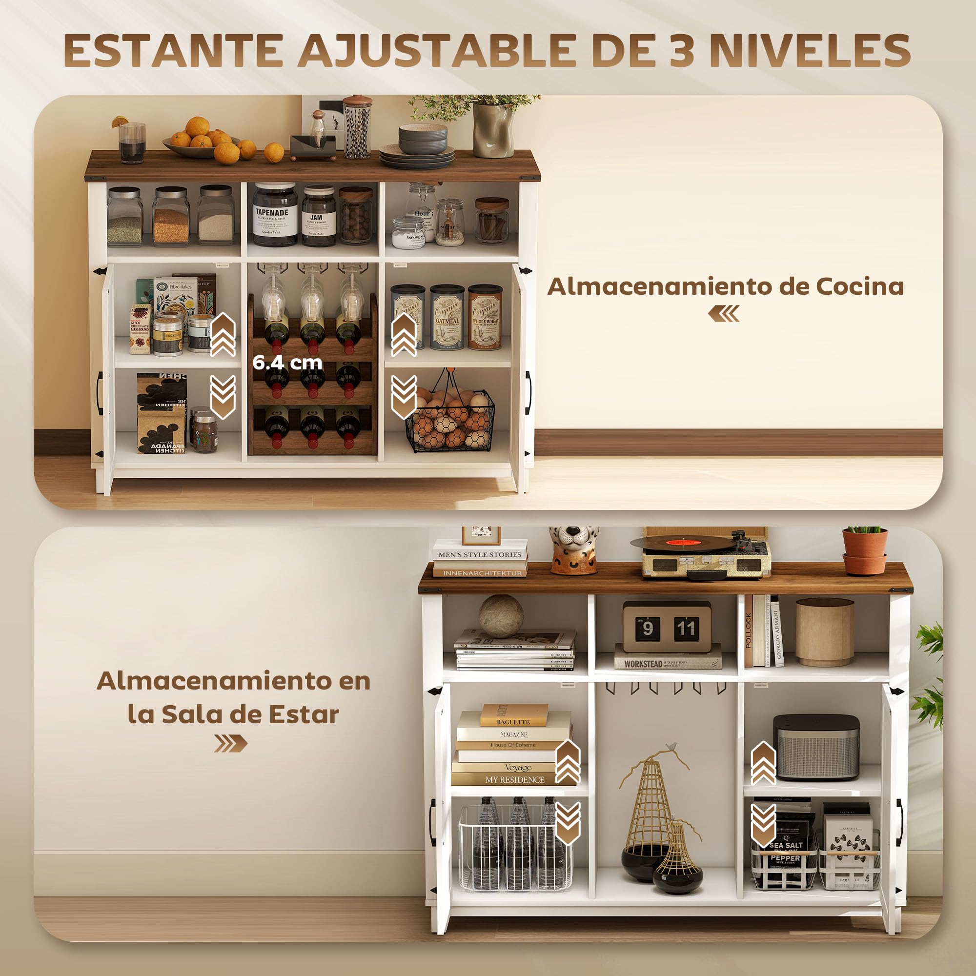 HOMCOM Aparador de Cocina con Botellero, Aparador con 2 Puertas de Granero, Estantes Ajustables y Soporte para Copas, para 9 Botellas, Buffet Auxiliar de Cocina para Comedor, Salón 120x37x88 cm Blanco