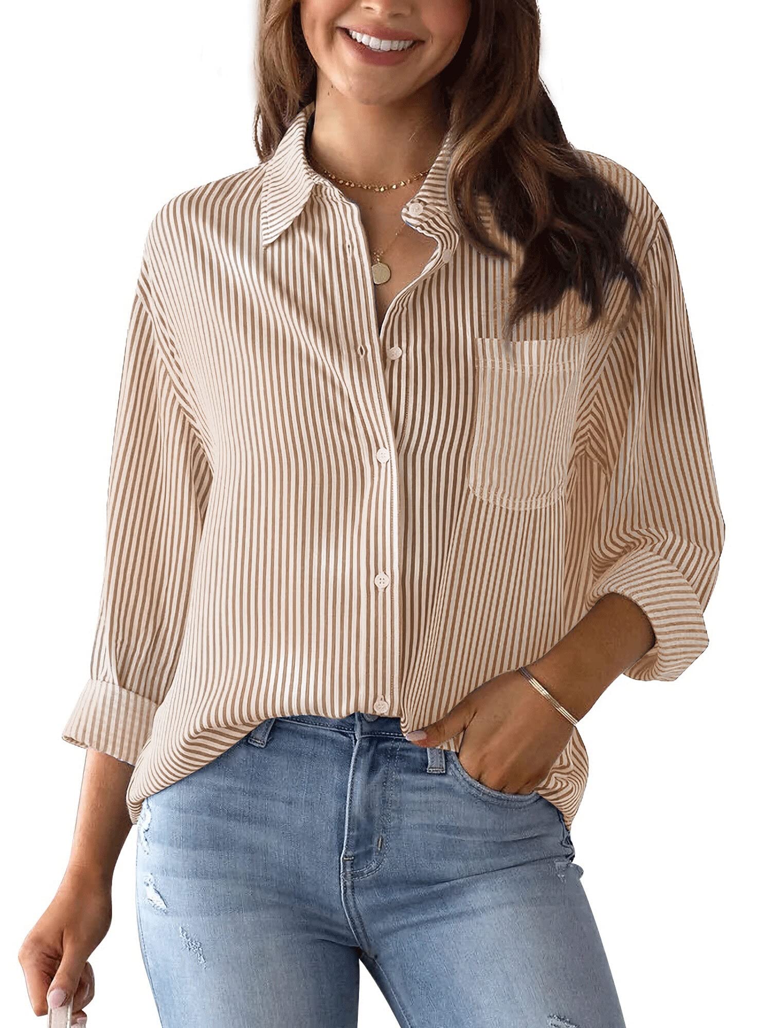 Panegy Hauts rayés pour femme - Manches longues - Élégant col en V - Chemises boutonnées - Tunique élégante - Pour le bureau et le travail - En coton - Décontracté - Basique