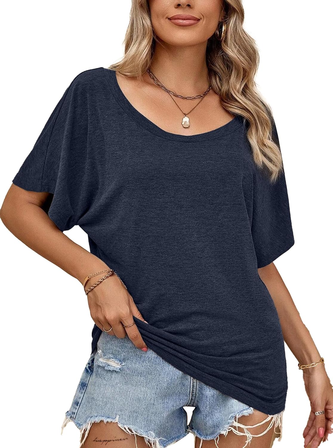 Hilinker Womens Sexy Off The Shoulder Tops Short Batwing Sleeve T Shirt Oversized Casual Tee - Image 2