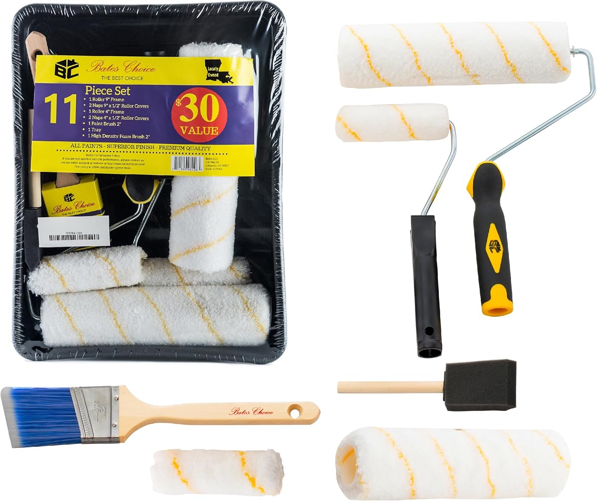 Bates - Paint Tray Set, Paint Rollers, Paint Brushes for Wall, Tray, Roller Brush, 11 Piece Home Painting Supplies, Foam Brush, House Painting Supplies, Painting Tools, Interior, Exterior