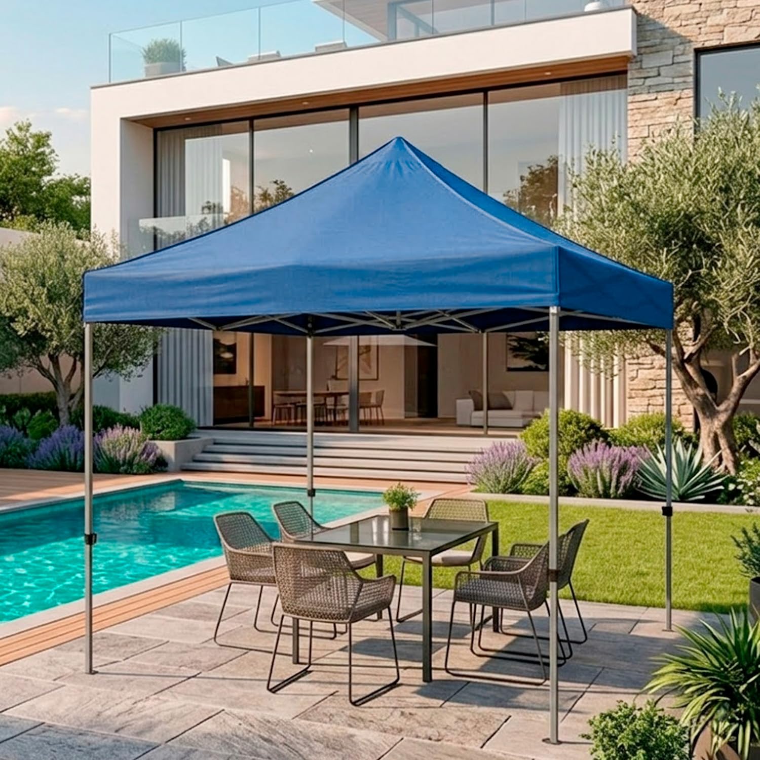 Gazebo Professionale 3x3 M Richiudibile Automatico In Acciaio Con Telo Oxford 1200D PVC Impermeabile e Anti UV Struttura a Fisarmonica con Sacche Zavorra e Borsa Trasporto Sagre Feste Eventi (Blu)