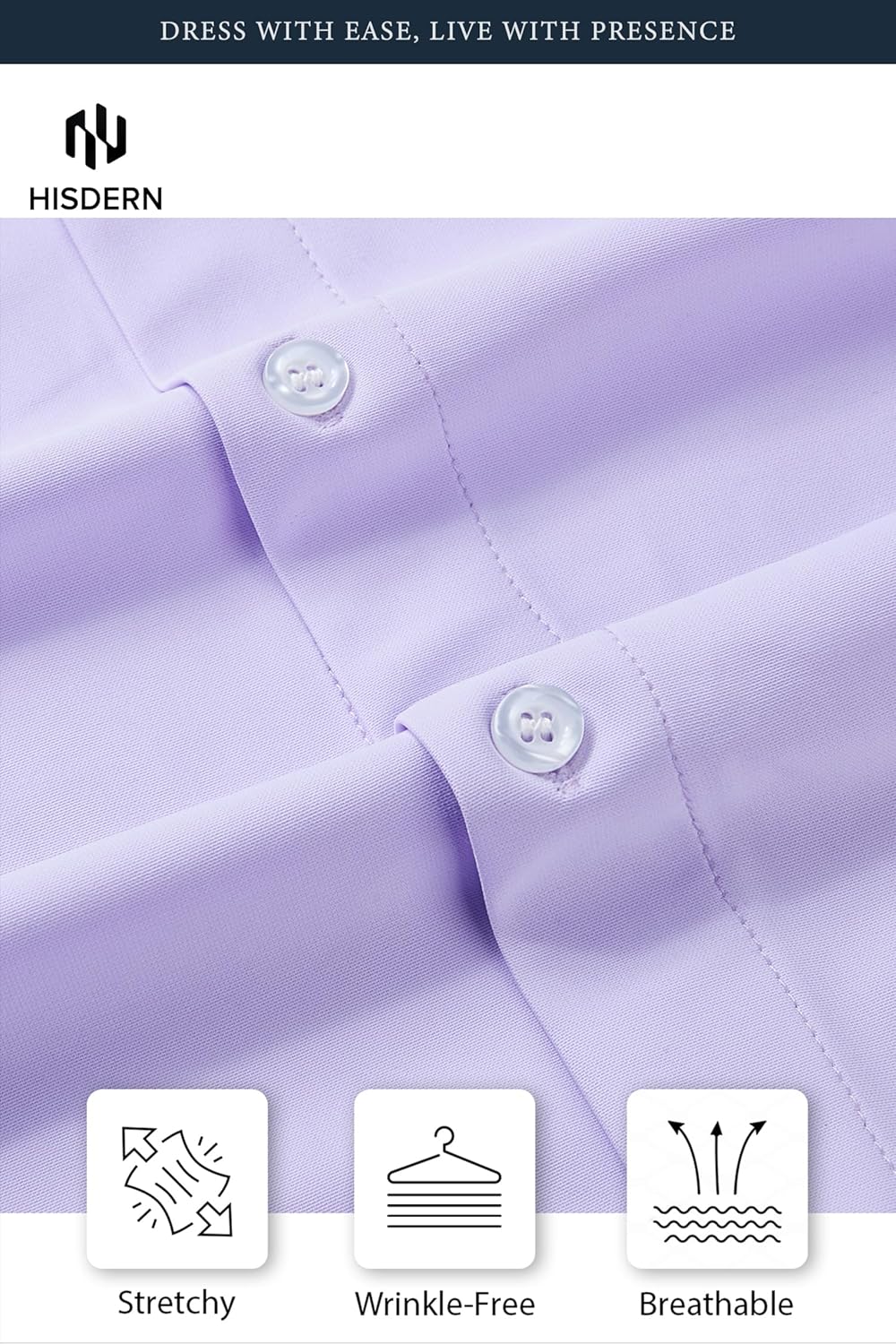 HISDERN 304 Performance Shirt No Iron 4 Way Stretch Quick Drying Breathable Long Sleeve Business Formal Shirts Wedding Prom - Image 2