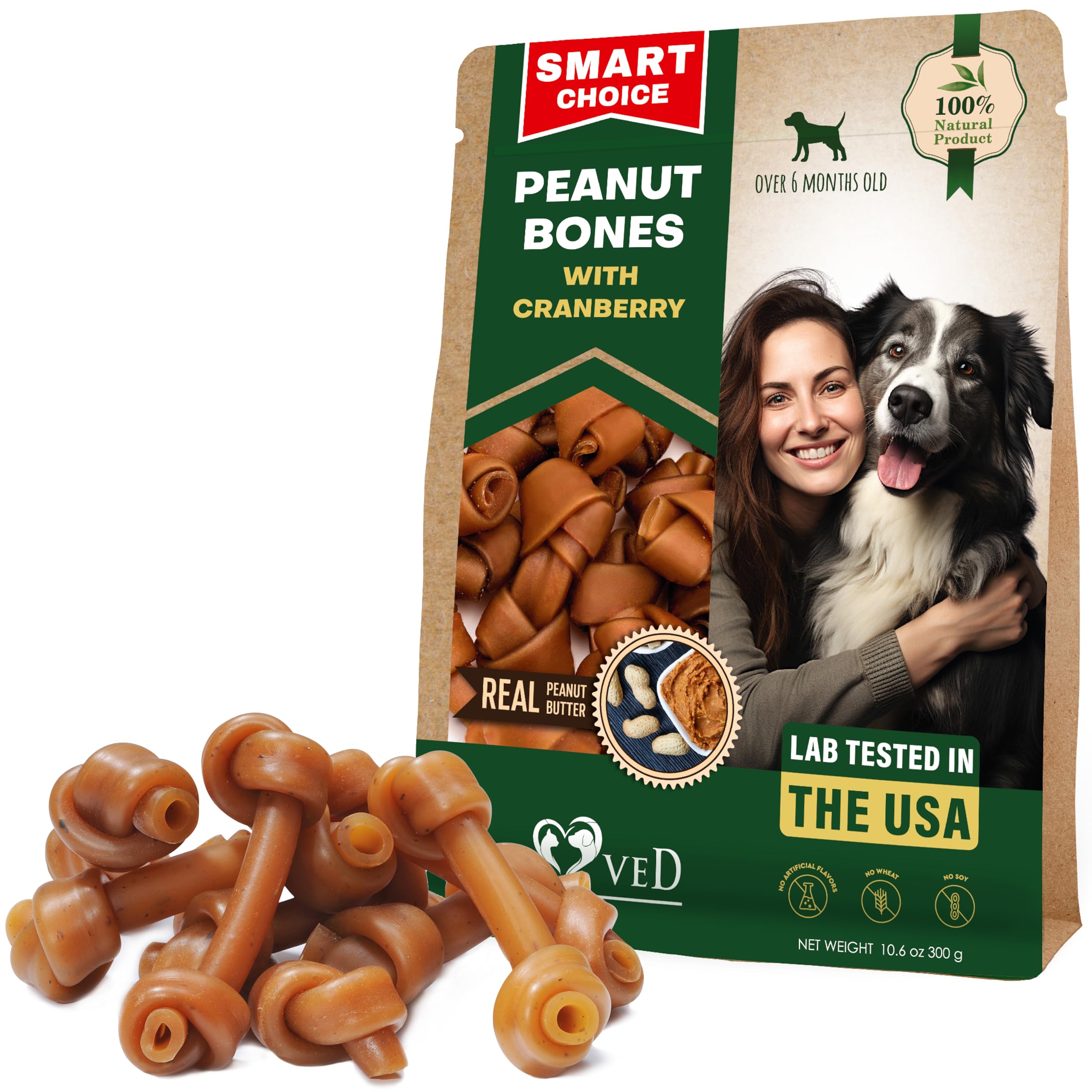Dog Treats Peanut Butter Bones with Cranberry & Rawhide Free Chew 300 Gr - Pet Natural Mini & Big Snacks Healthy Collagen & Bulk Best Chews for Small & Large Dogs