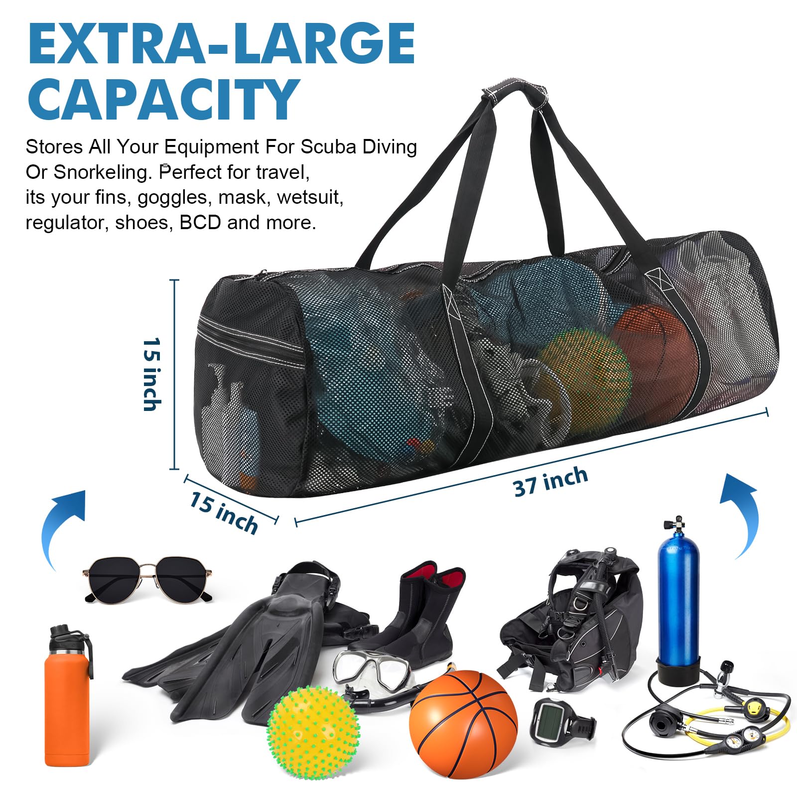Anihous XXL Large Mesh Dive Bag, Scuba Gear Bag Duffle Dive Case with Shoulder Strap with Carabiner Keychain for Diving Equipment, Scuba Diving,Snorkeling Gear, and Sports Equipment