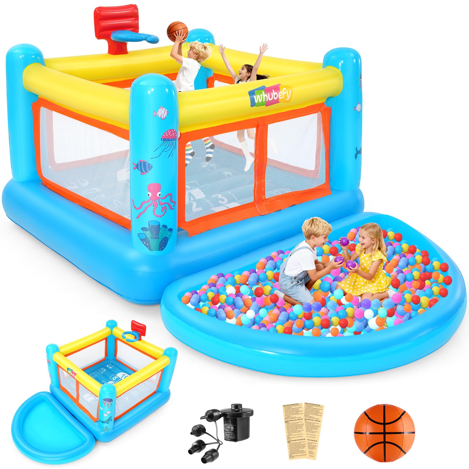 AKEYDIY Hüpfburg, PVC-Springburg für Kinder von 3-6 Jahren, Indoor-Hüpfburg mit herausnehmbarem Bällebad, Basketballkorb und Hüpfspiel, inklusive Luftpumpe