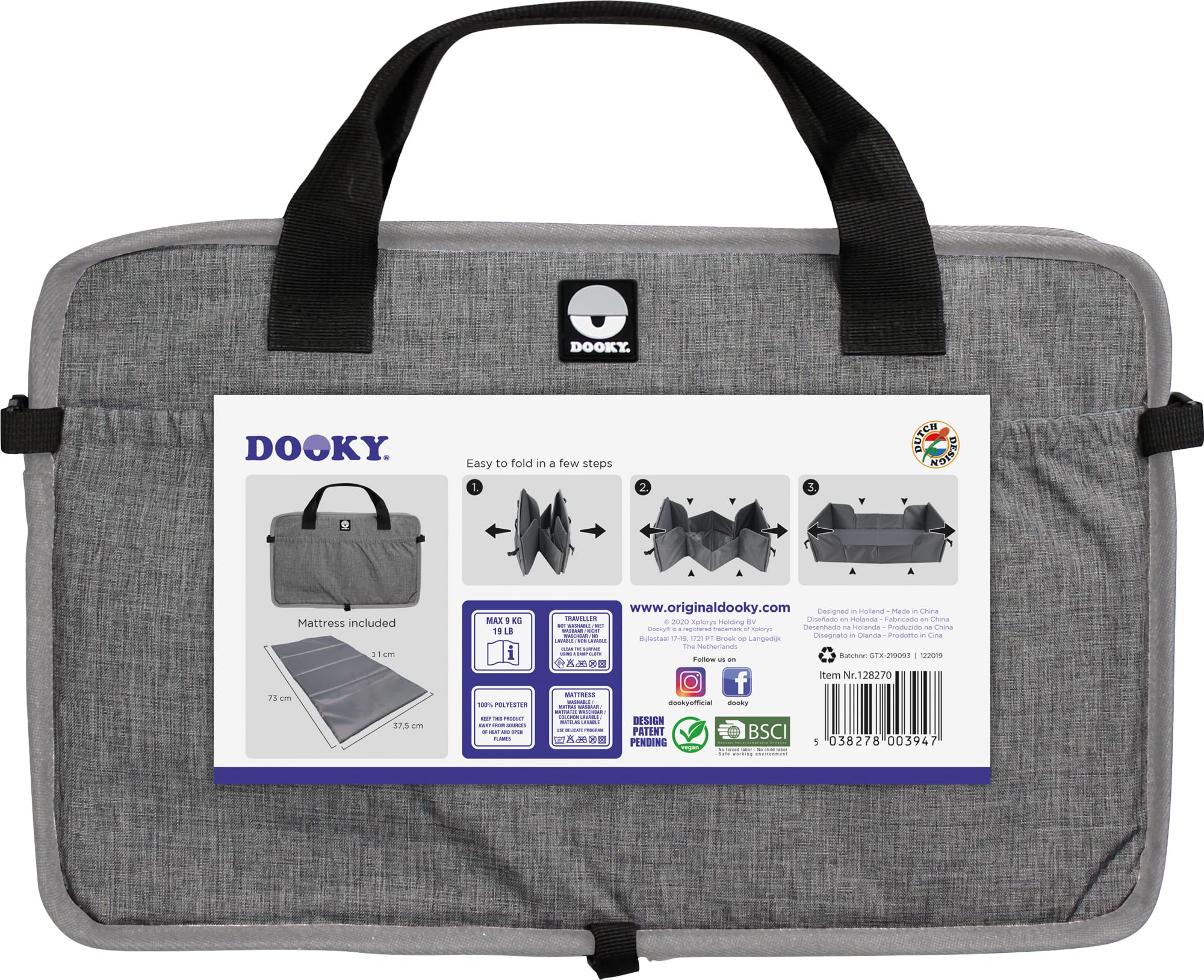 Dooky Original Traveller - lettino pieghevole per bambini - super leggero, tasche esterne, 41 x 74 cm (assemblato) /41 x 26 cm (piegato), 100% poliestere, nero